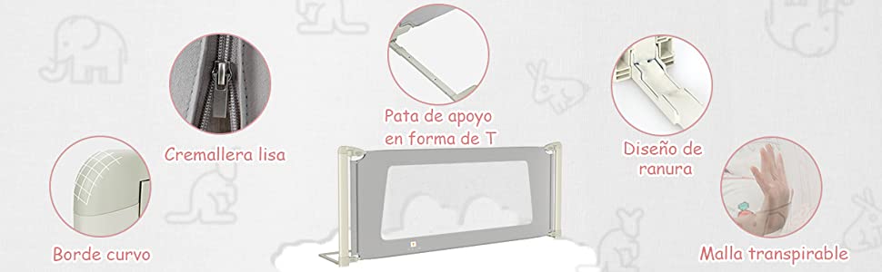 150 cm Barandilla para Cama Infantil con Altura Regulable Levantamiento  Vertical y Doble Cierre de Seguridad Impresión de Hojas Gris - Costway