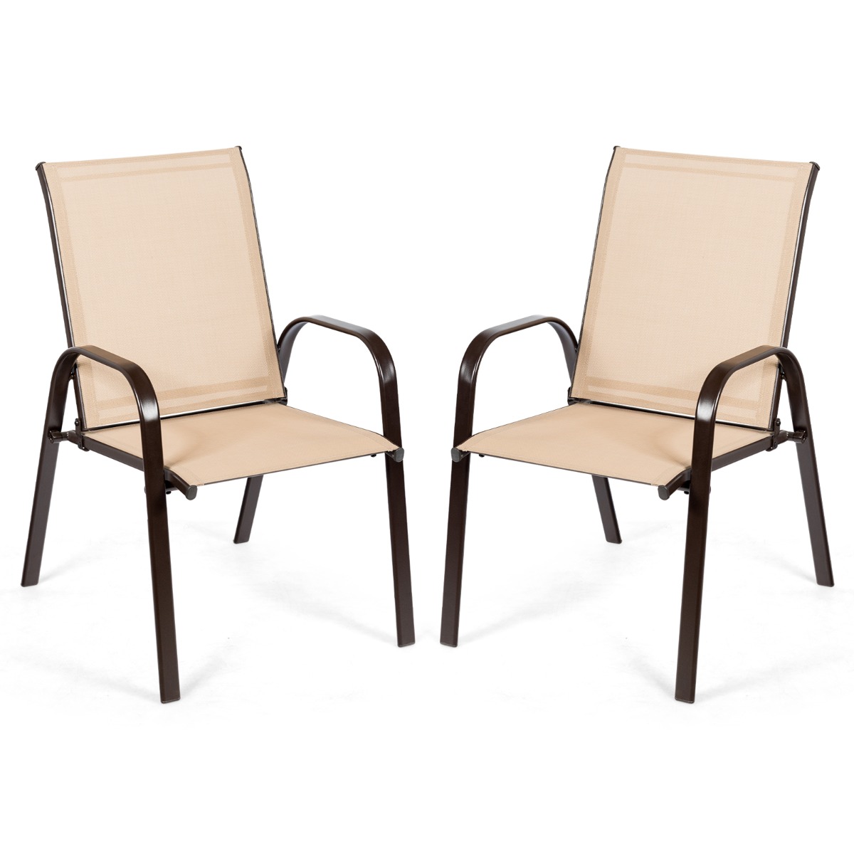 Juego de 2 Sillas de Comedor con Reposabrazos Curvos Tela Fácil de Secar Marco de Metal Reforzado Asiento Ancho para Piscina Marrón Costway