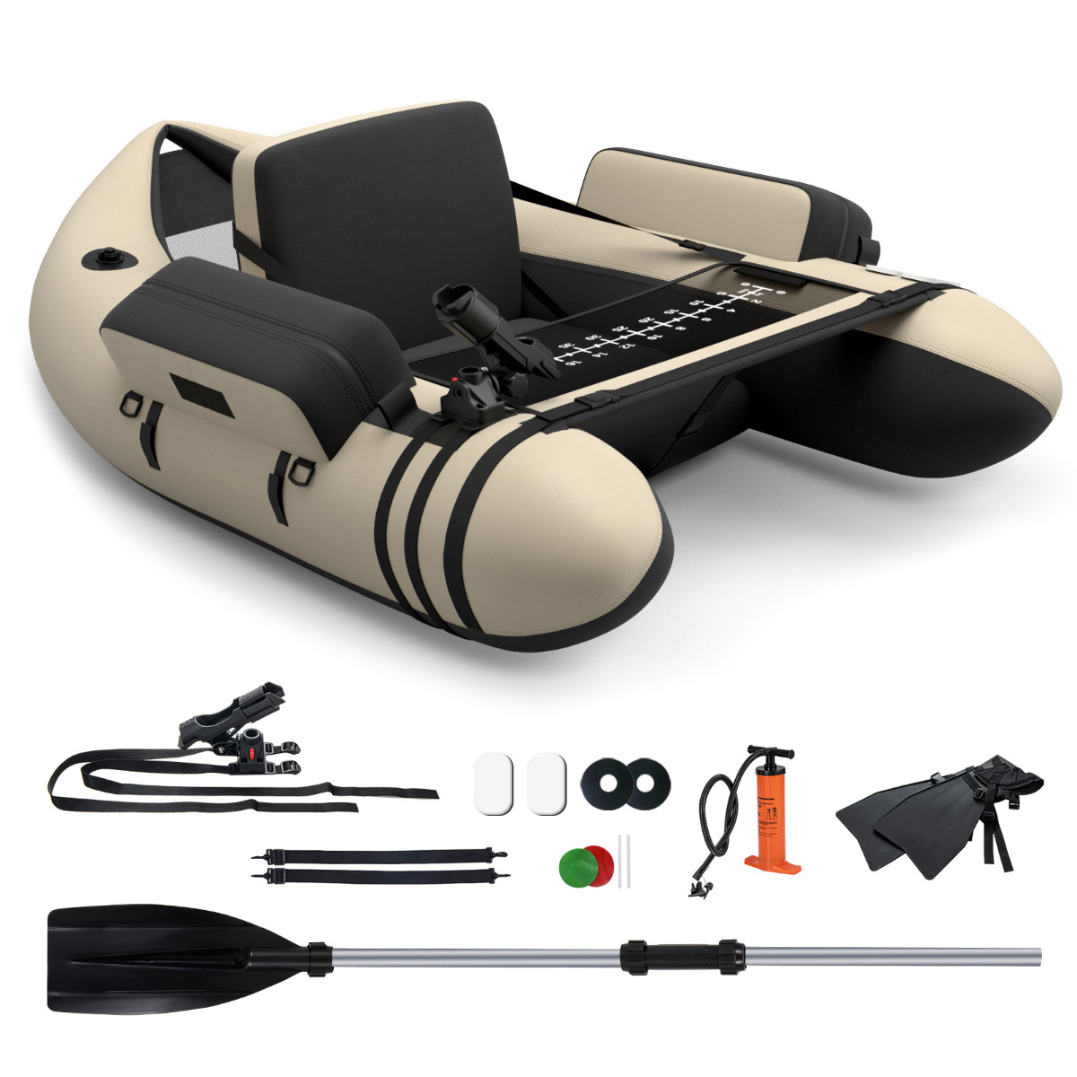 Barco de Pesca Portátil Inflable con Bomba Correas de Mochila Ajustables Bolsillos de Almacenamiento para Pesca Carga 150 kg Beige Costway