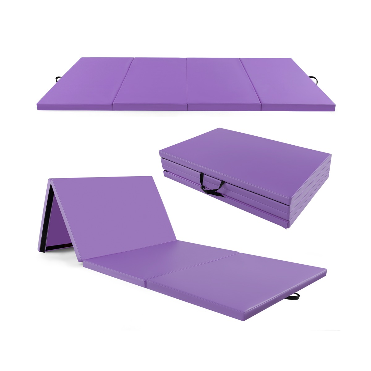 Colchoneta de Ejercicios Plegable de 4 Paneles con Asas de Transporte Cierre Tapete para Estiramientos 300 x 117 x 5 cm PúRpura Costway