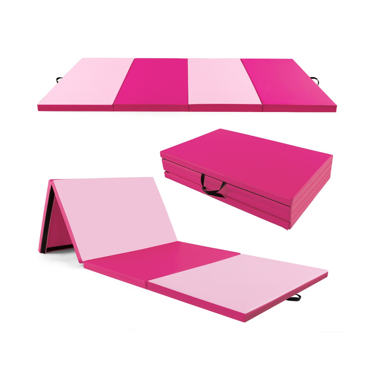 Colchoneta de Ejercicios Plegable de 4 Paneles con Asas de Transporte Cierre Tapete para Estiramientos 300 x 117 x 5 cm Rosa Oscuro Costway
