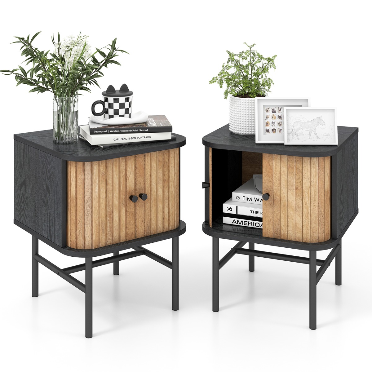 Juego de 2 Mesita de Noche con Puertas Correderas con Gabinete de Almacenamiento para Sala Dormitorio 40 x 39 x 49 cm Negro Costway
