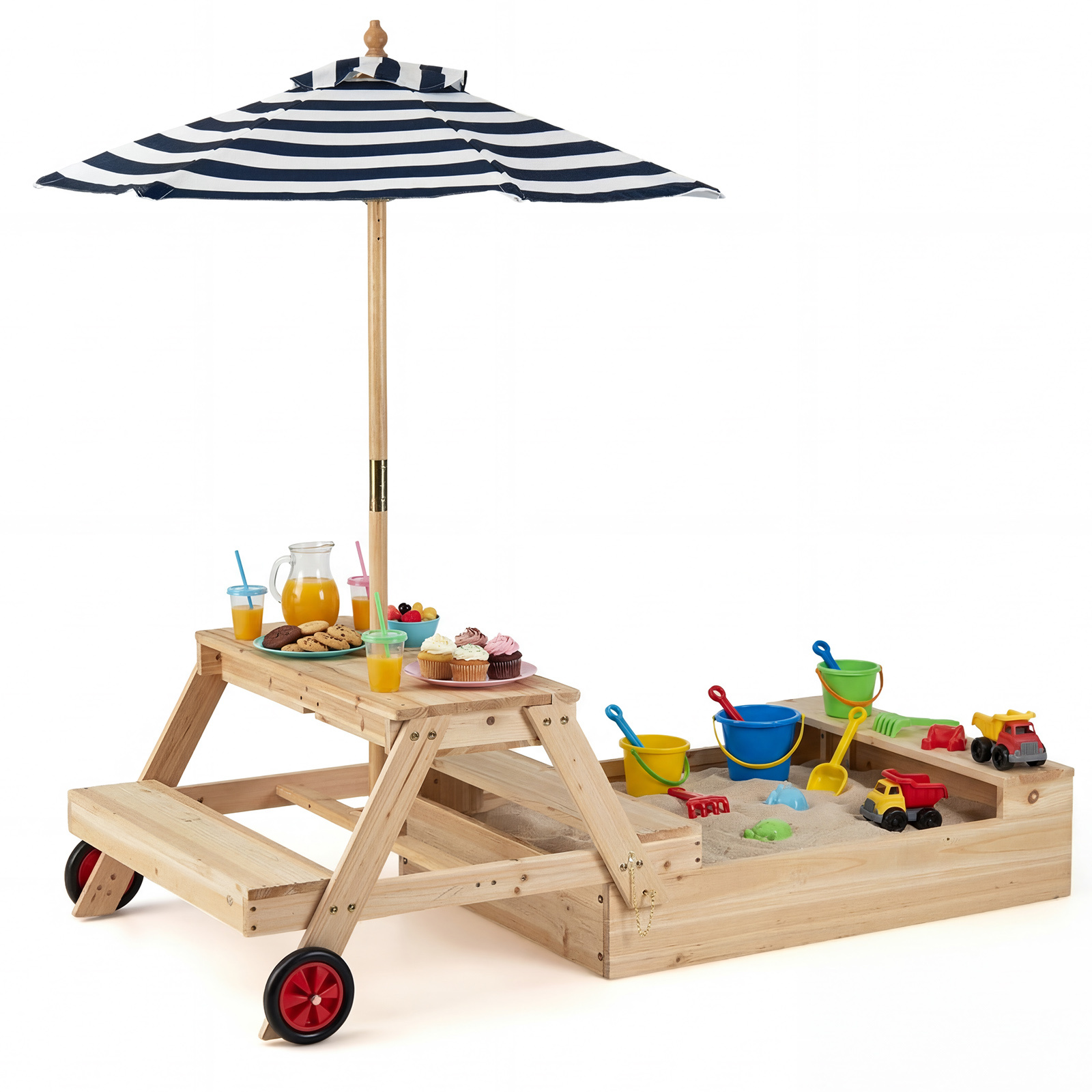 Costway Arenero de Madera Infantil 3 en 1 con Sombrilla Ajustable Mesa Picnic Bancos 2 Compartimentos Ocultos Ruedas para Exterior 3-5 Años Natural