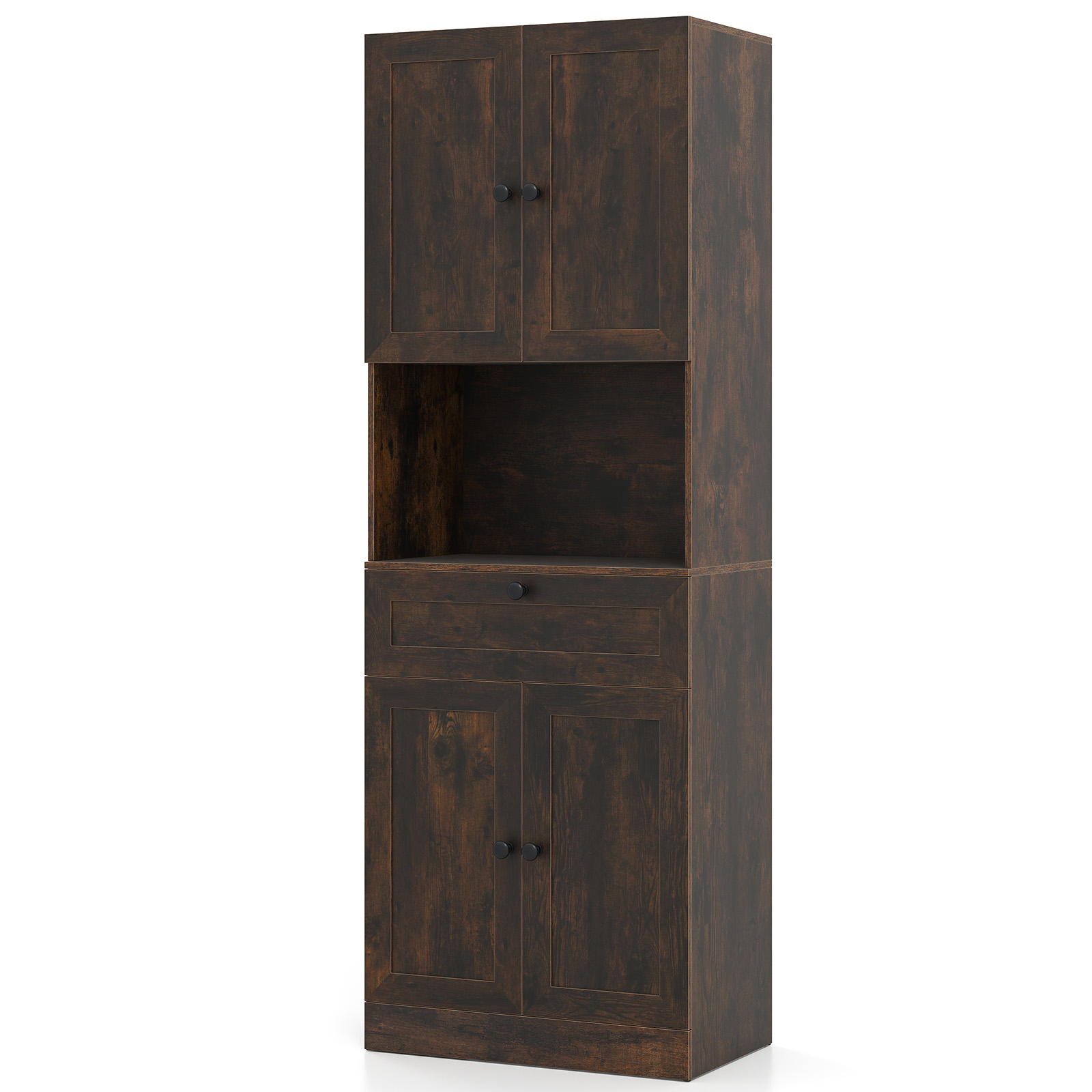 Costway Armario Alto Baño 171,5cm 4 Puertas 1 Cajón Compartimento Abierto 3 Estantes Ajustables Moderno de Madera para Cocina Salón Marrón Rústico