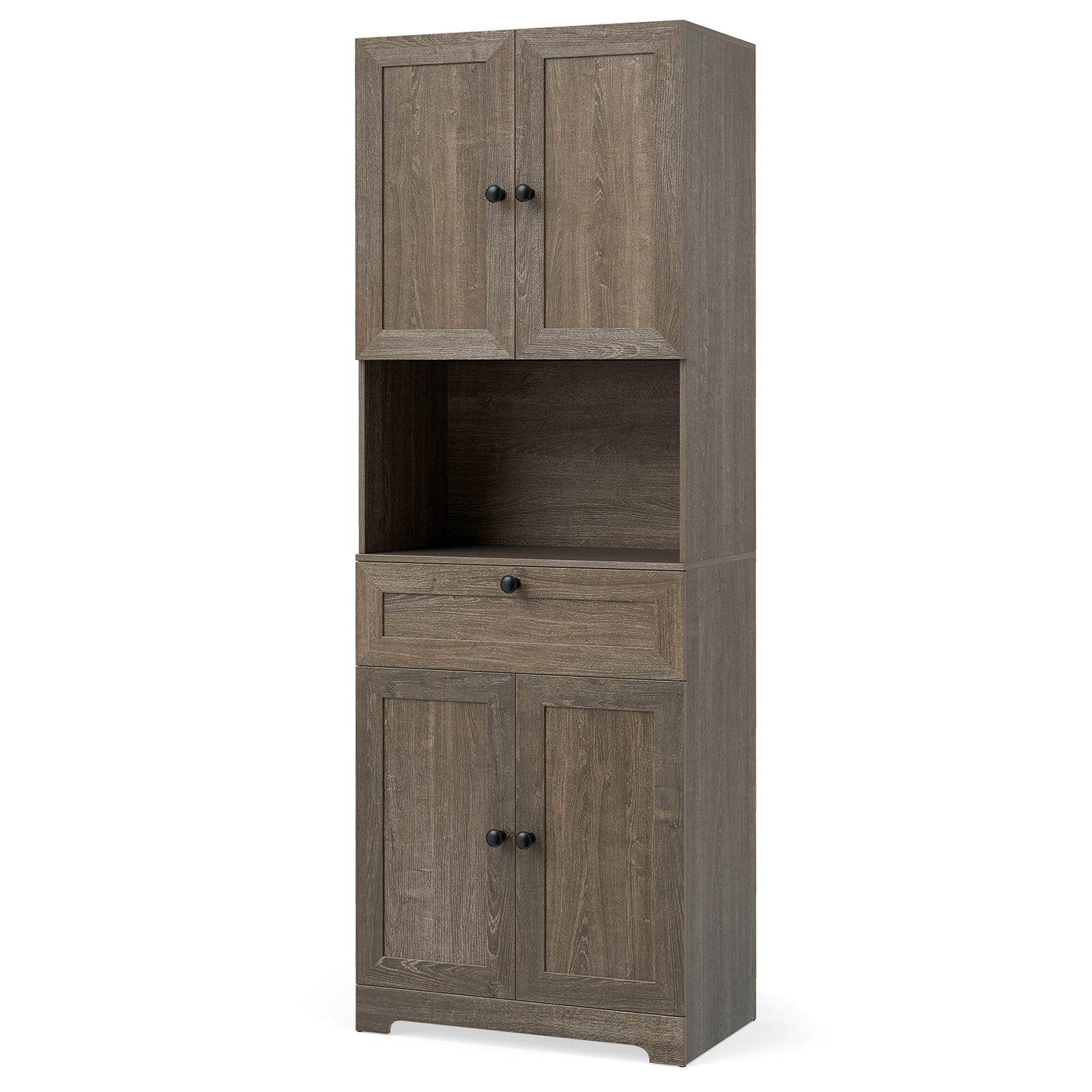 Costway Armario Alto Baño 171,5cm 4 Puertas 1 Cajón Compartimento Abierto 3 Estantes Ajustables Moderno de Madera para Cocina Salón Café