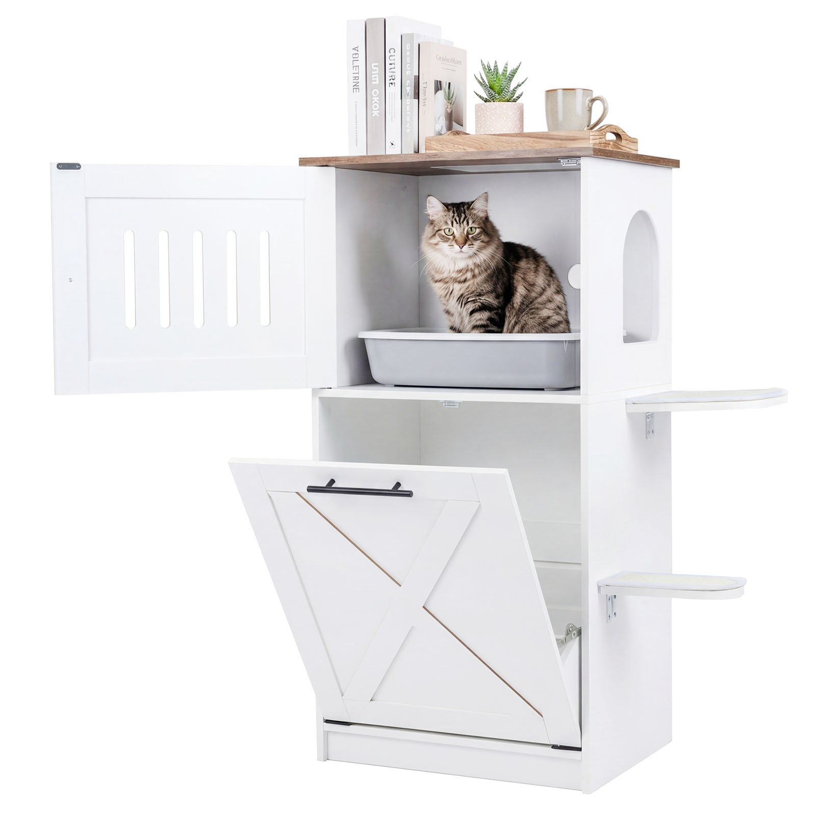 Armario Arenero para Gatos con Armario Abatible 2 Plataformas Almohadillas Rascadoras Sisal Baño Oculto Casa Madera Interior Salón Blanco Costway