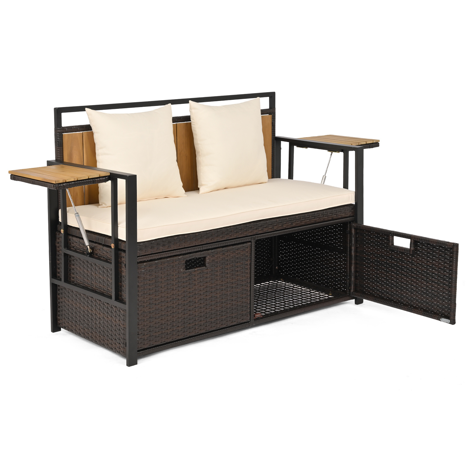 Costway Banco Almacenaje Exterior Ratán PE 2 Personas Compartimento Oculto 142L Cojín Acolchado 2 Almohadas para Terraza Patio Piscina Beige