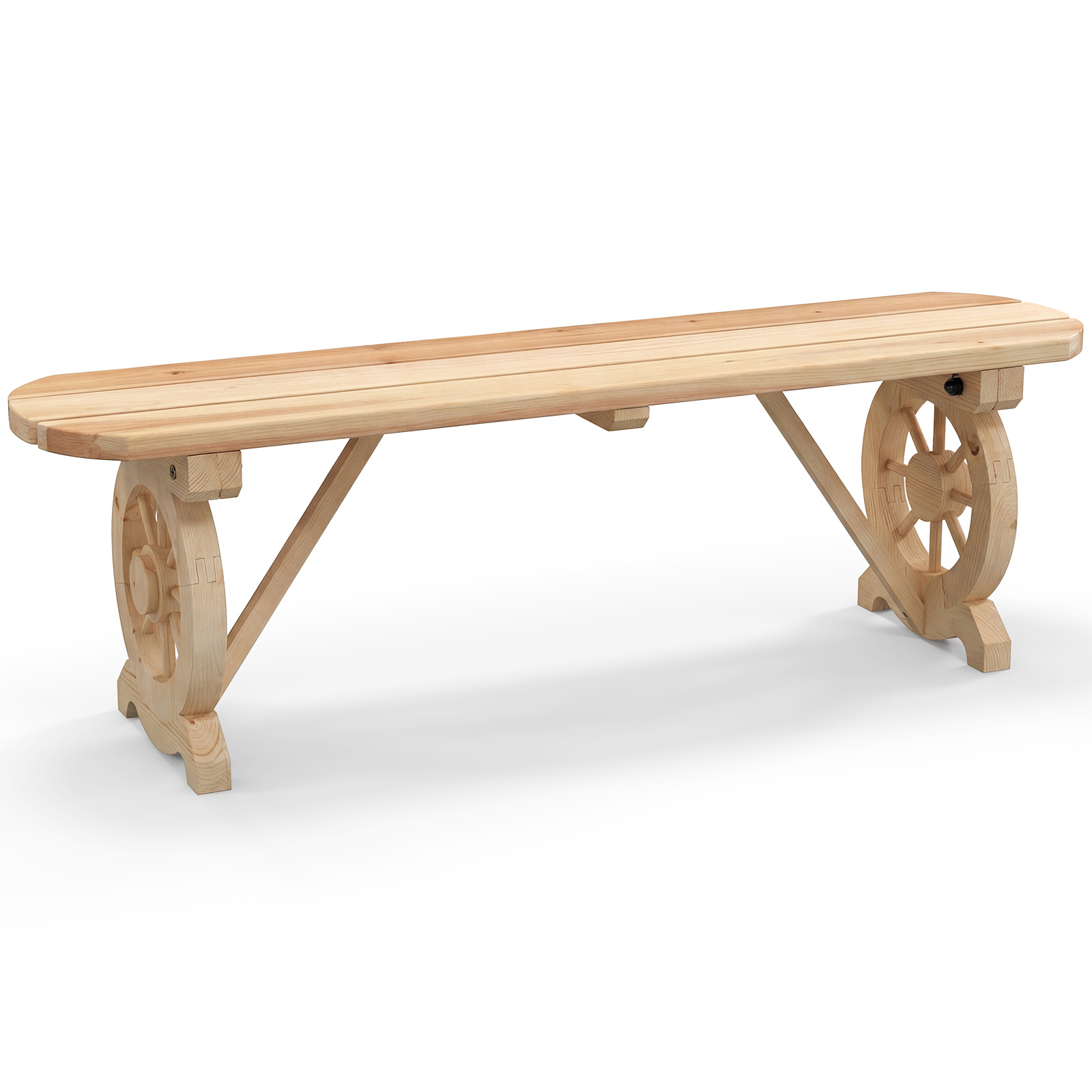 Banco Largo de Madera Carbonizada con Base de Rueda de Carro Asiento Listones 2 Plazas Carga 325kg para Jardín Patio Trasero Porche Natural Costway