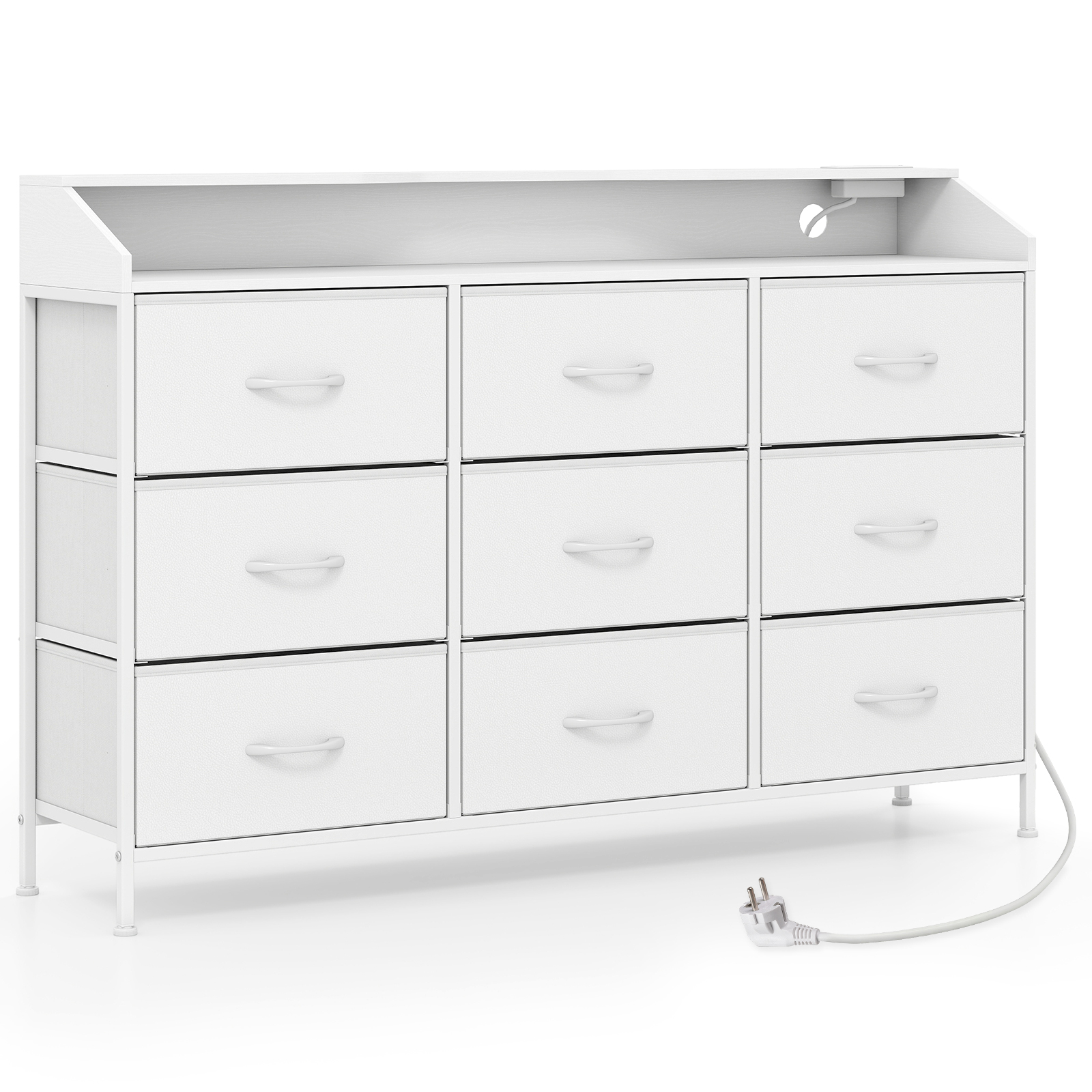 Cómoda para Dormitorio con Luces LED Estación de Carga 9 Cajones de Tela Estructura Metálica para TV hasta 58" Blanco Costway