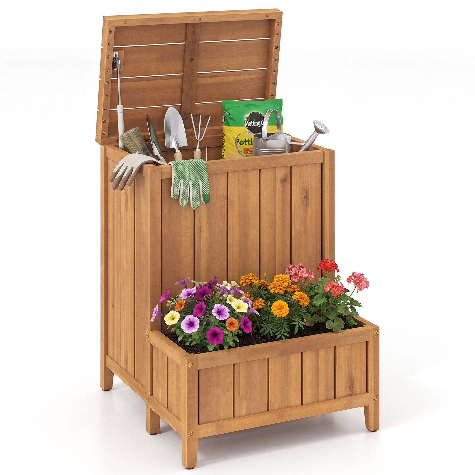Caja Grande de Entrega con Jardinera de Madera Maciza para Exterior con Tapa Abatible y Patas Elevadas para Herramientas de Jardinería Costway