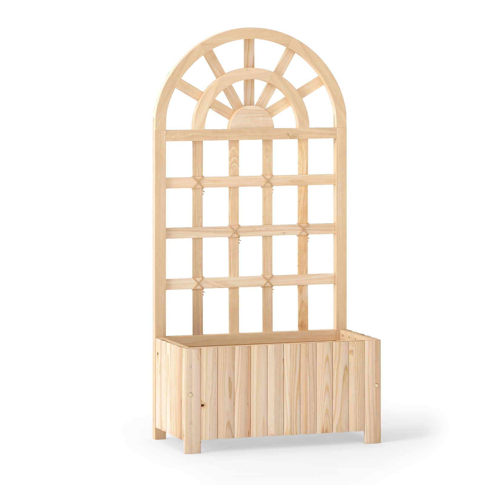 Cama Elevada de Madera con Enrejado Pantalla Privacidad Agujeros Drenaje para Plantas Trepadoras Verduras Flores 120cm Natural Costway