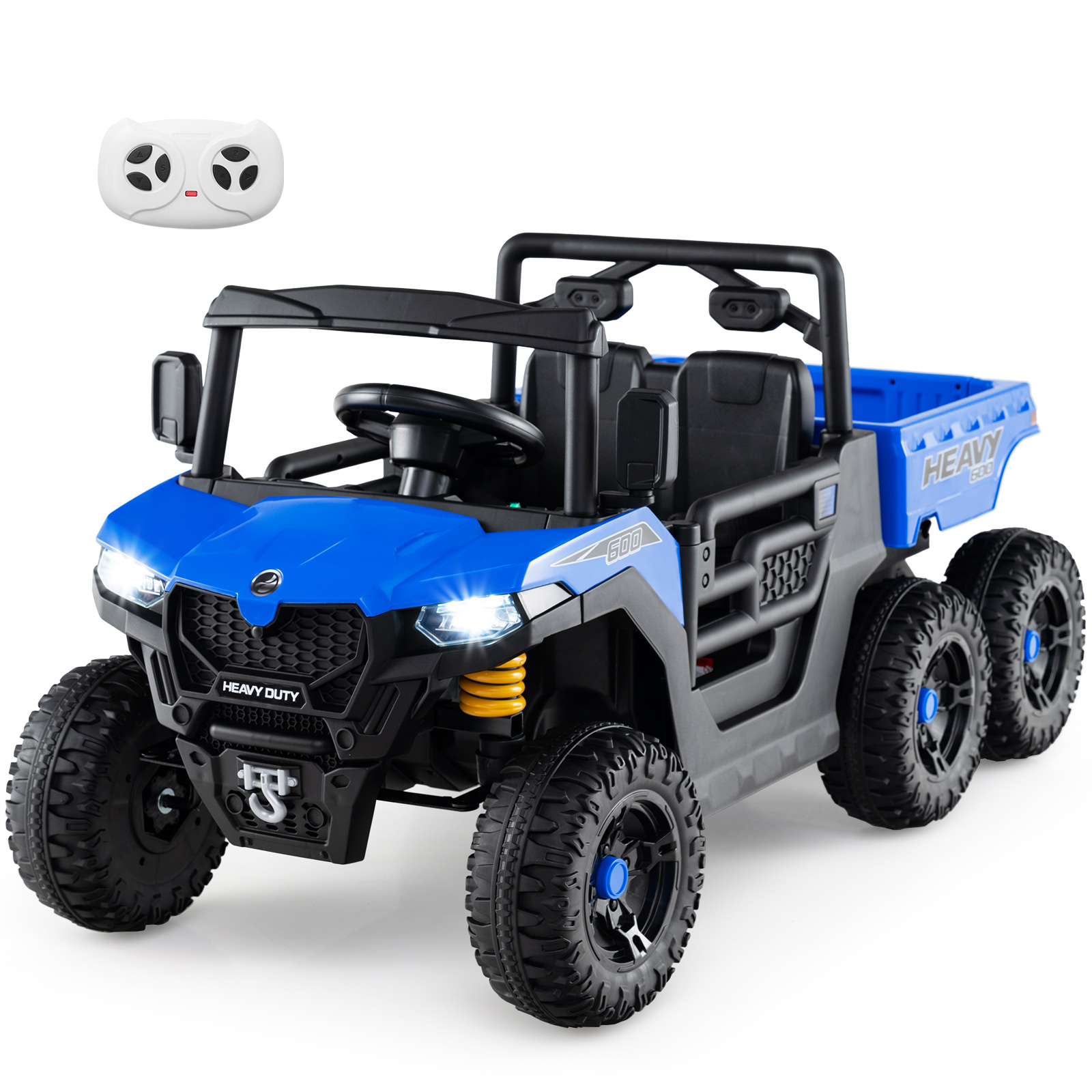 Camión Volquete Eléctrico de 24V Coche de Paseo con Caja Volquete Mando a Distancia Música Cuentos Luces LED y Suspensión Azul Costway