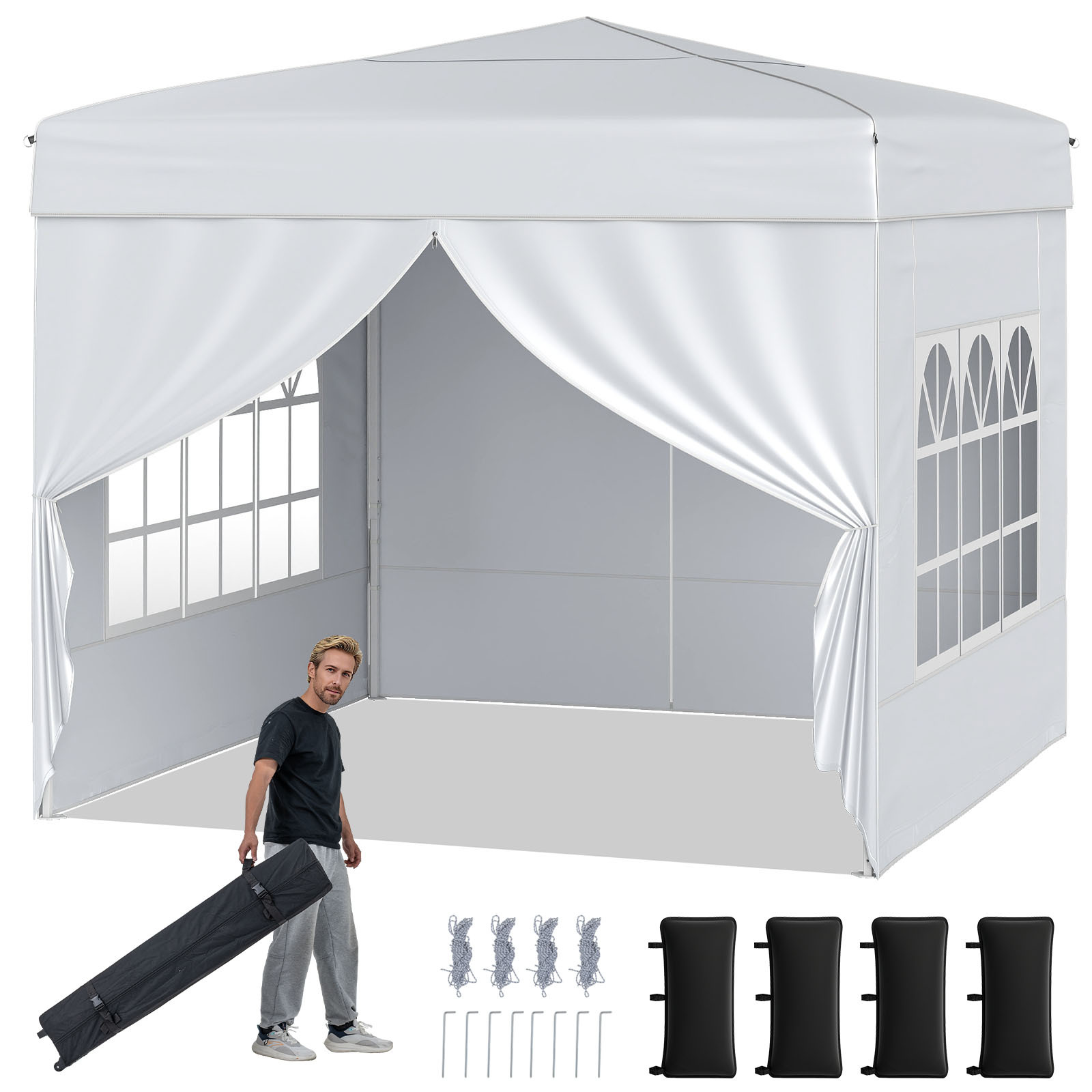 Carpa Emergente Plegable 290 x 290 cm Cenador Exterior con 4 Paredes Laterales Desmontables Altura Ajustable Pop-up Blanco Costway