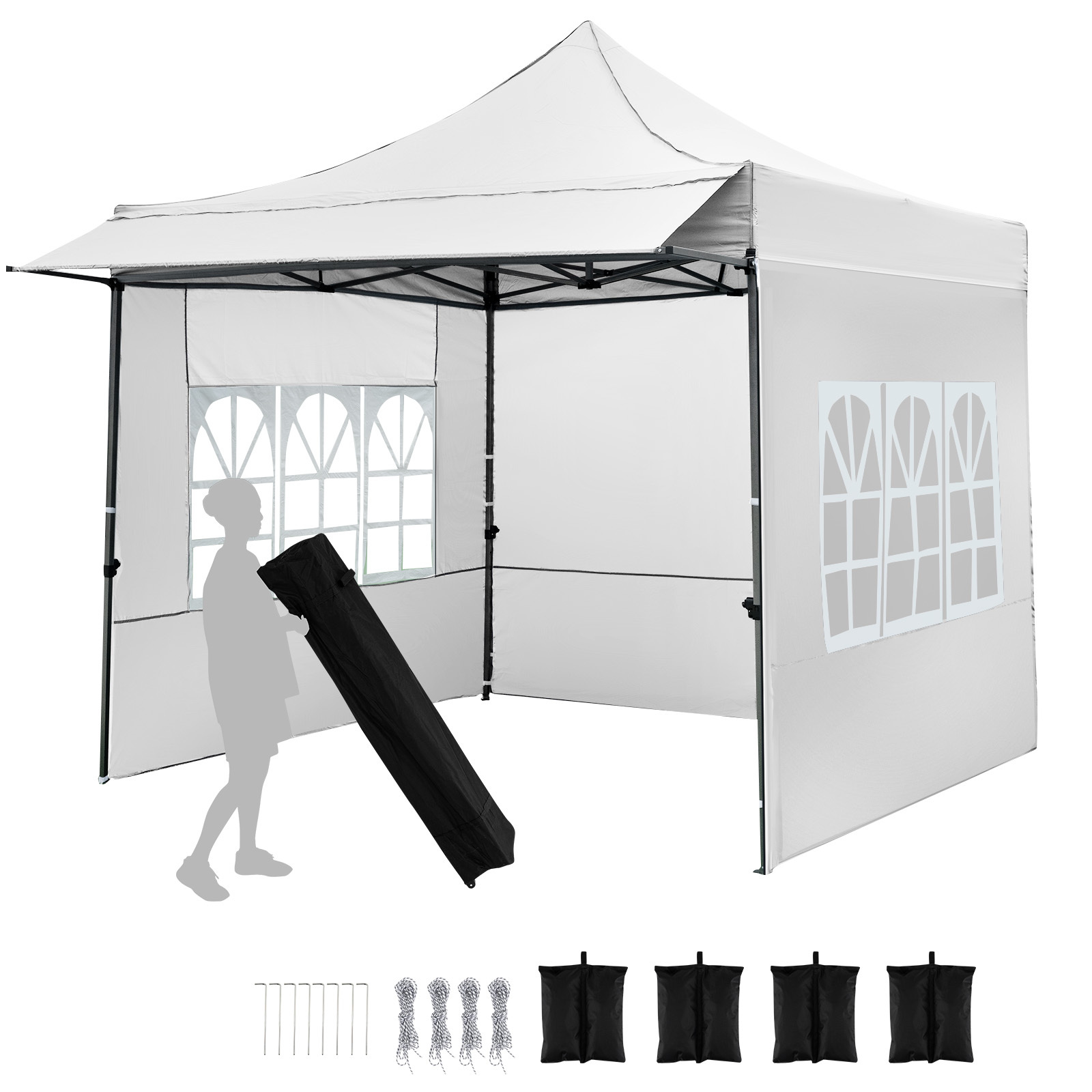 Carpa Plegable 3x3m con 3 Paredes Laterales Altura Ajustable 4 Sacos de Arena Cuerdas Estacas Bolsa con Ruedas para Fiestas Camping Blanco Costway