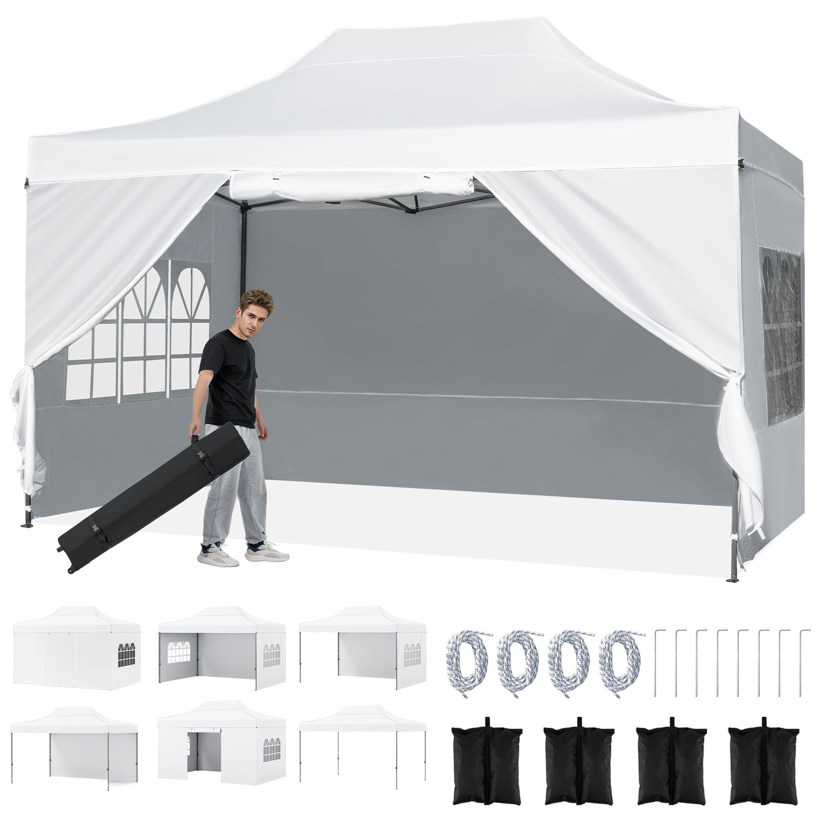 Carpa Plegable 431x291cm Gazebo Pop-up con 4 Paredes Desmontables Altura Ajustable Bolsa Ruedas Impermeable para Patio Jardín Boda Blanco Costway