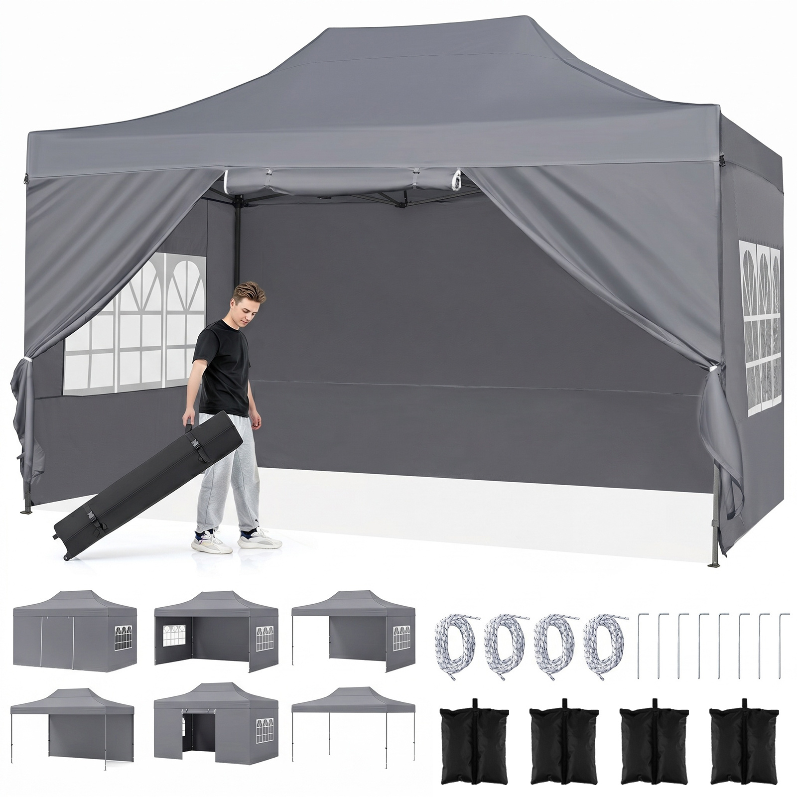 Carpa Plegable 431x291cm Gazebo Pop-up con 4 Paredes Desmontables Altura Ajustable Bolsa Ruedas Impermeable para Patio Jardín Boda Gris Costway