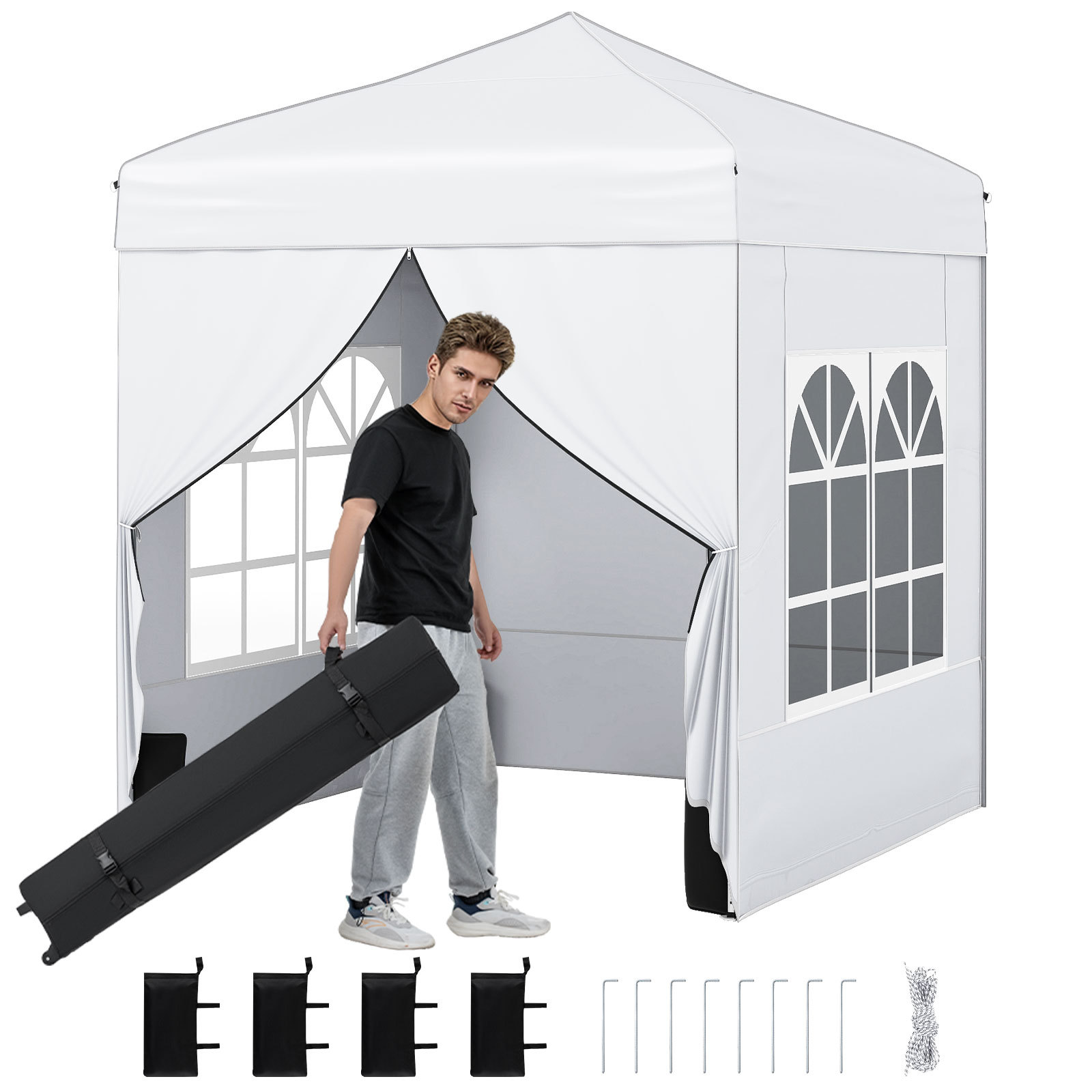 Carpa Plegable Emergente 194 x 194 cm Cenador de Jardín con 4 Paredes Laterales 3 Alturas Ajustables 4 Aacos de Arena 8 Estacas Blanco Costway