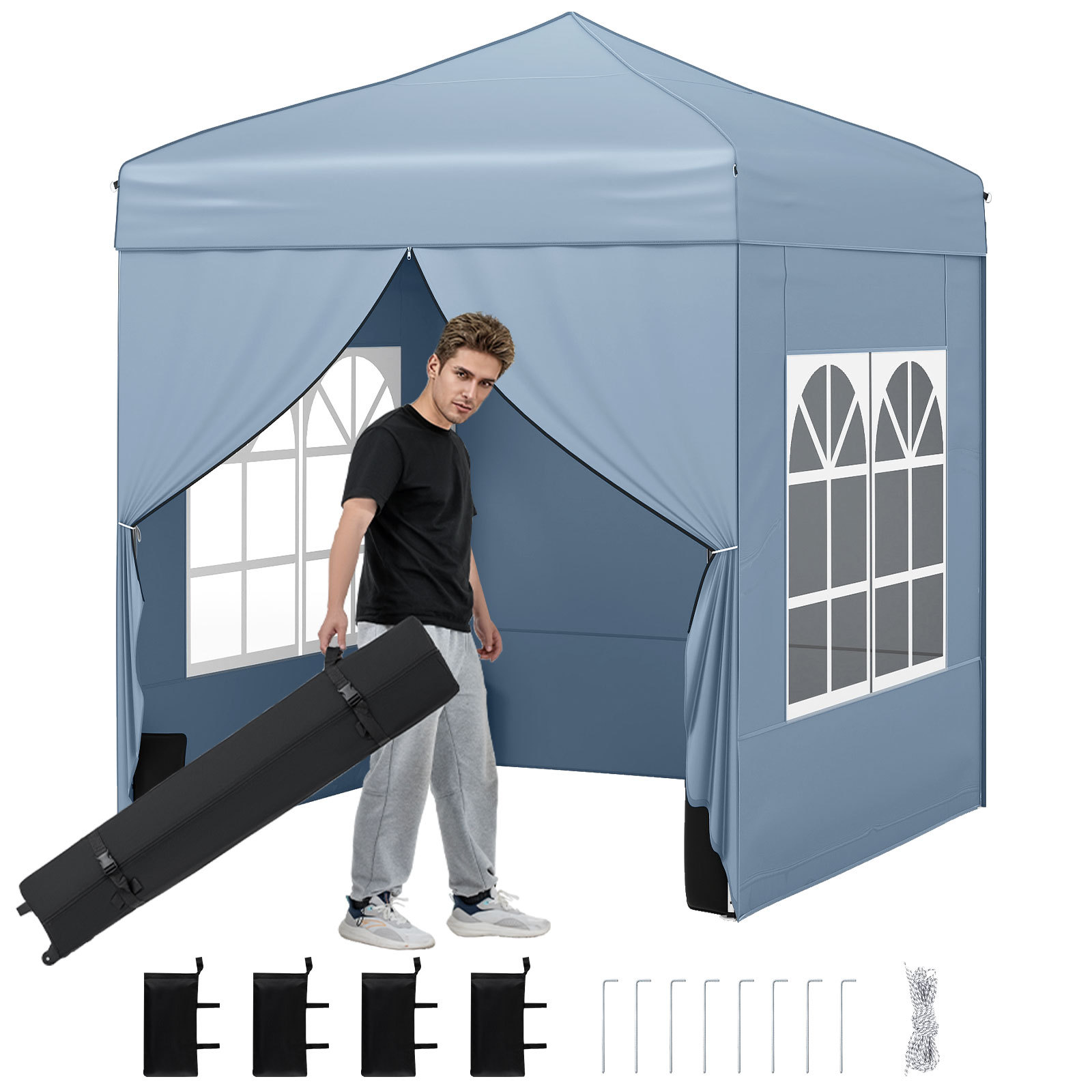 Carpa Plegable Emergente 194 x 194 cm Cenador de Jardín con 4 Paredes Laterales 3 Alturas Ajustables 4 Aacos de Arena 8 Estacas Gris Costway