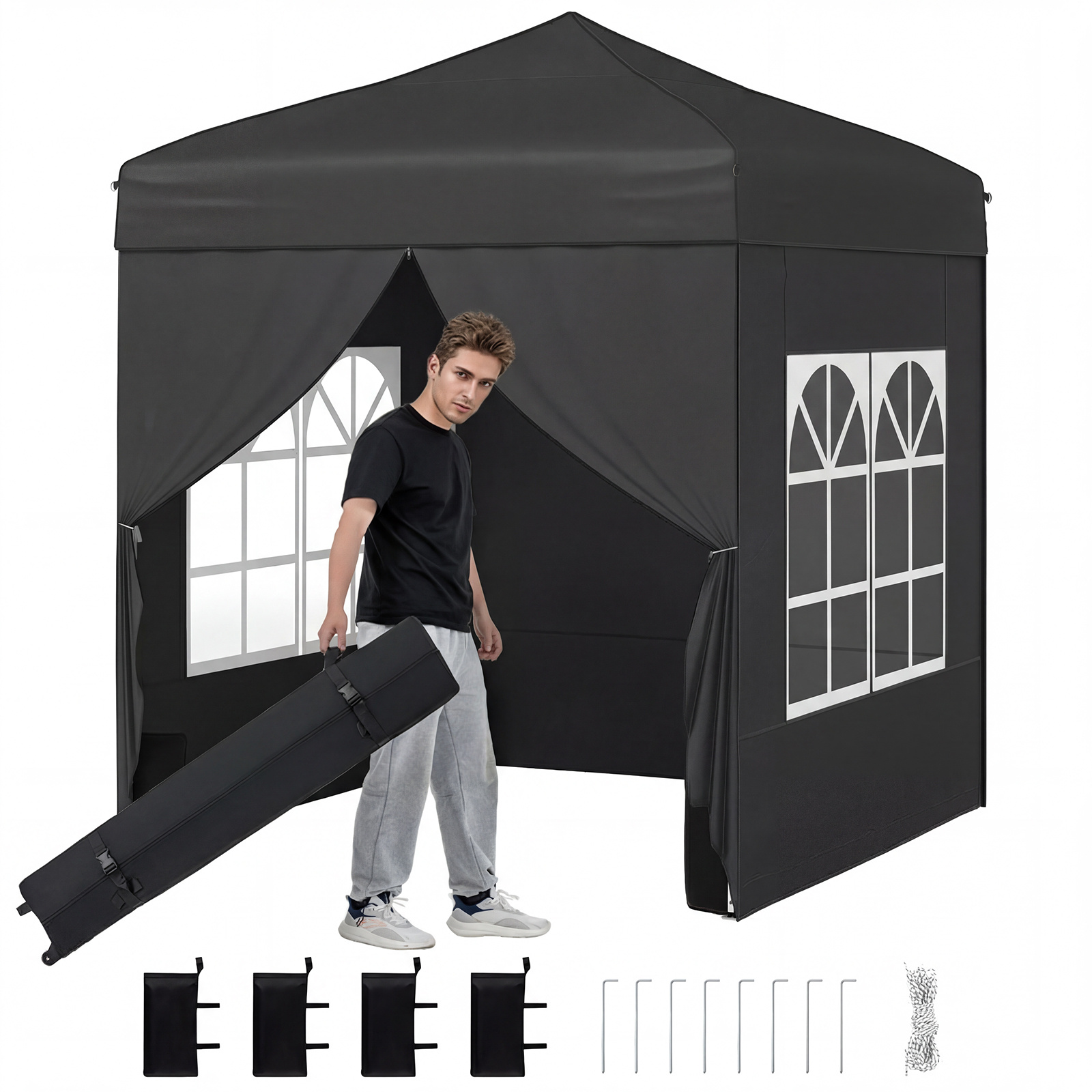 Carpa Plegable Emergente 194 x 194 cm Cenador de Jardín con 4 Paredes Laterales 3 Alturas Ajustables 4 Aacos de Arena 8 Estacas Negro Costway