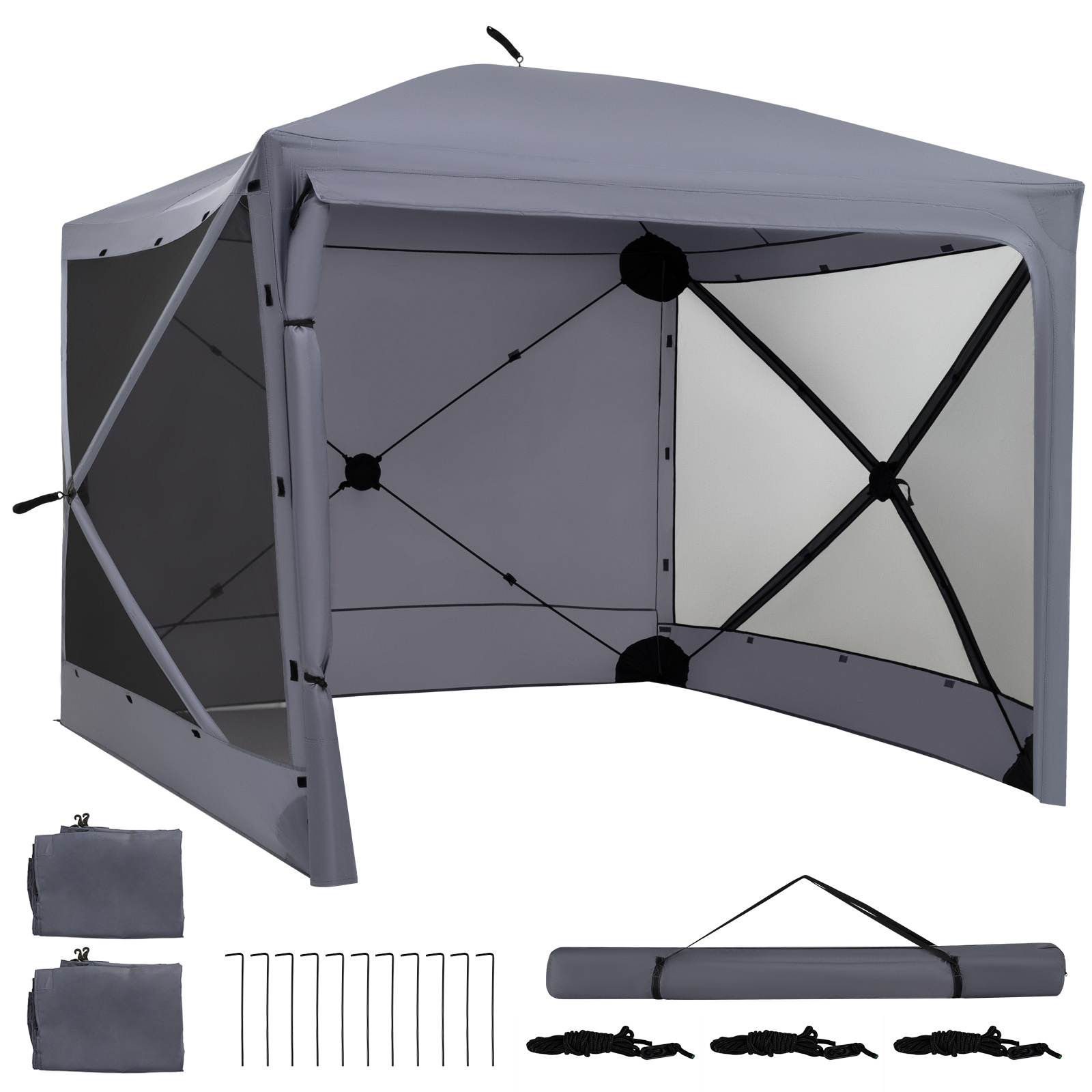 Carpa Plegable Emergente 240x240cm con 4 Paredes Laterales Malla Transpirable Bolsa Transporte Estacas Cuerdas para Camping Fiestas Gris Costway