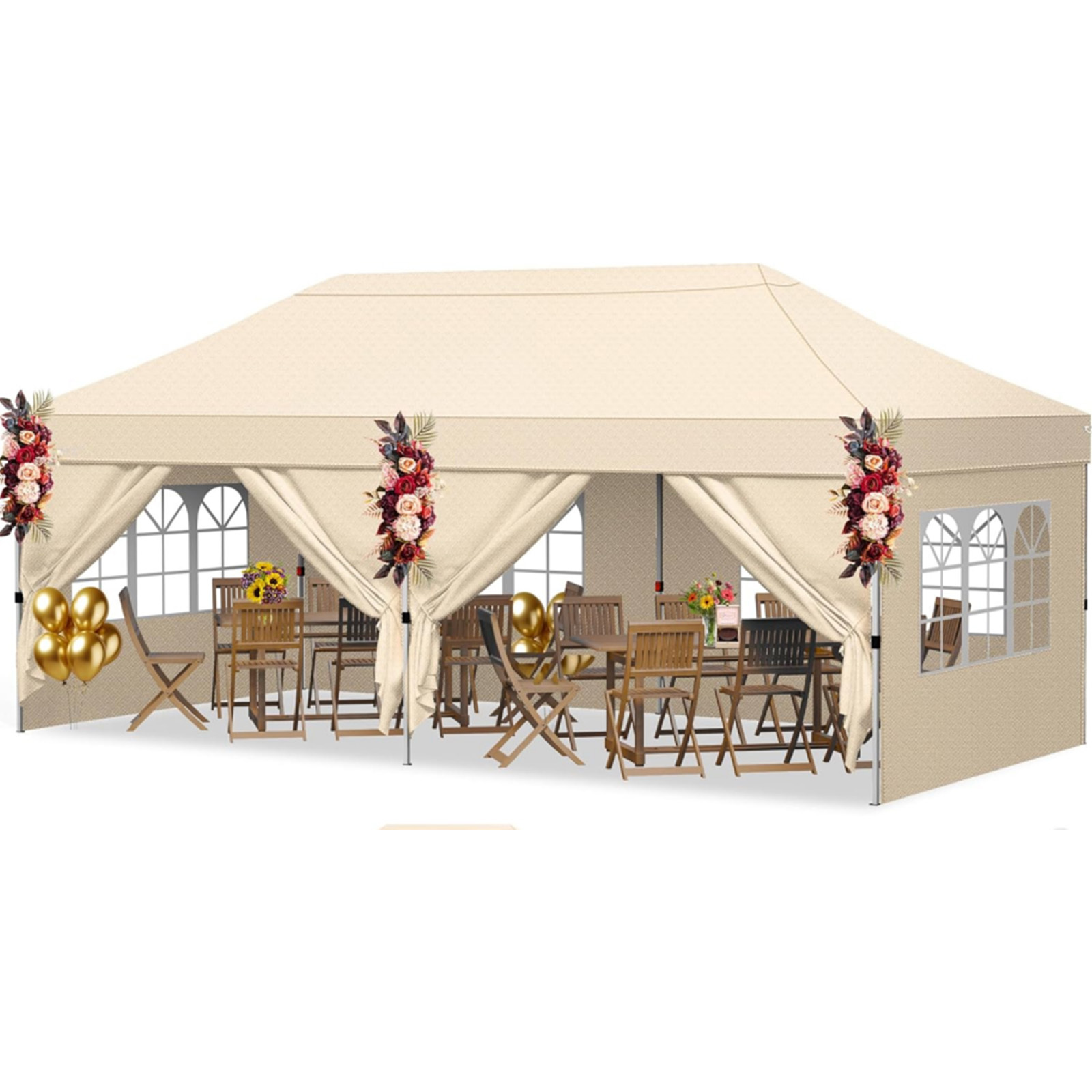 Carpa Plegable con 4 Paredes Laterales Desmontables Altura Ajustable 3x6m Bolsa con Ruedas Impermeable para Patio Boda Fiestas Beige Costway