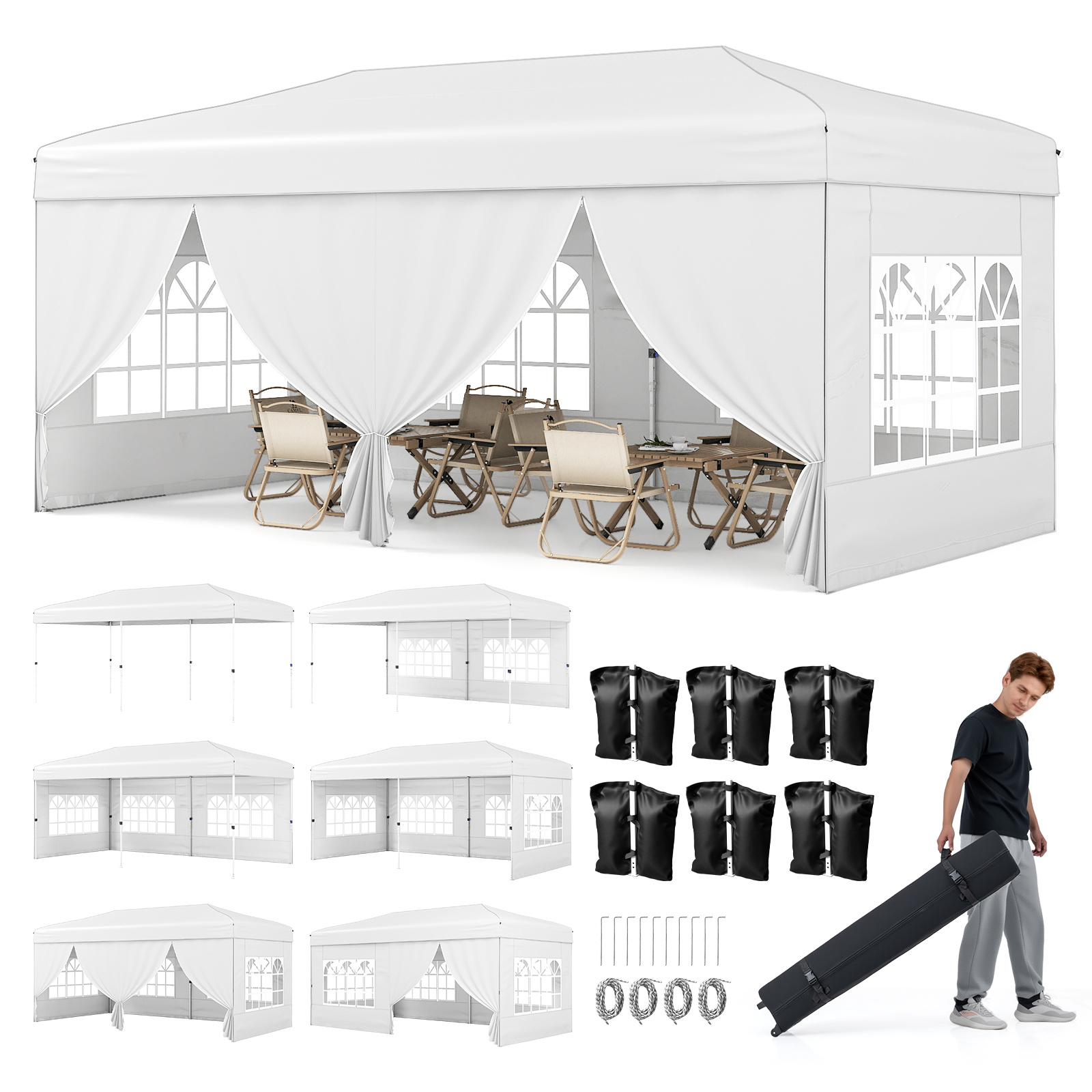 Carpa Plegable con 6 Paneles Laterales Marco Metálico Altura Ajustable 10 Estacas 6 Cuerdas Bolsa con Ruedas 3x6m para Exterior Blanco Costway
