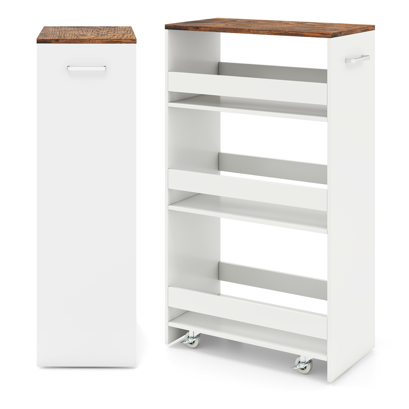 Costway Carro Auxiliar 4 Niveles con Ruedas Barandillas y Asa Ahorra Espacio para Cocina Baño 47,5 x 25 x 80 cm Blanco y Marrón