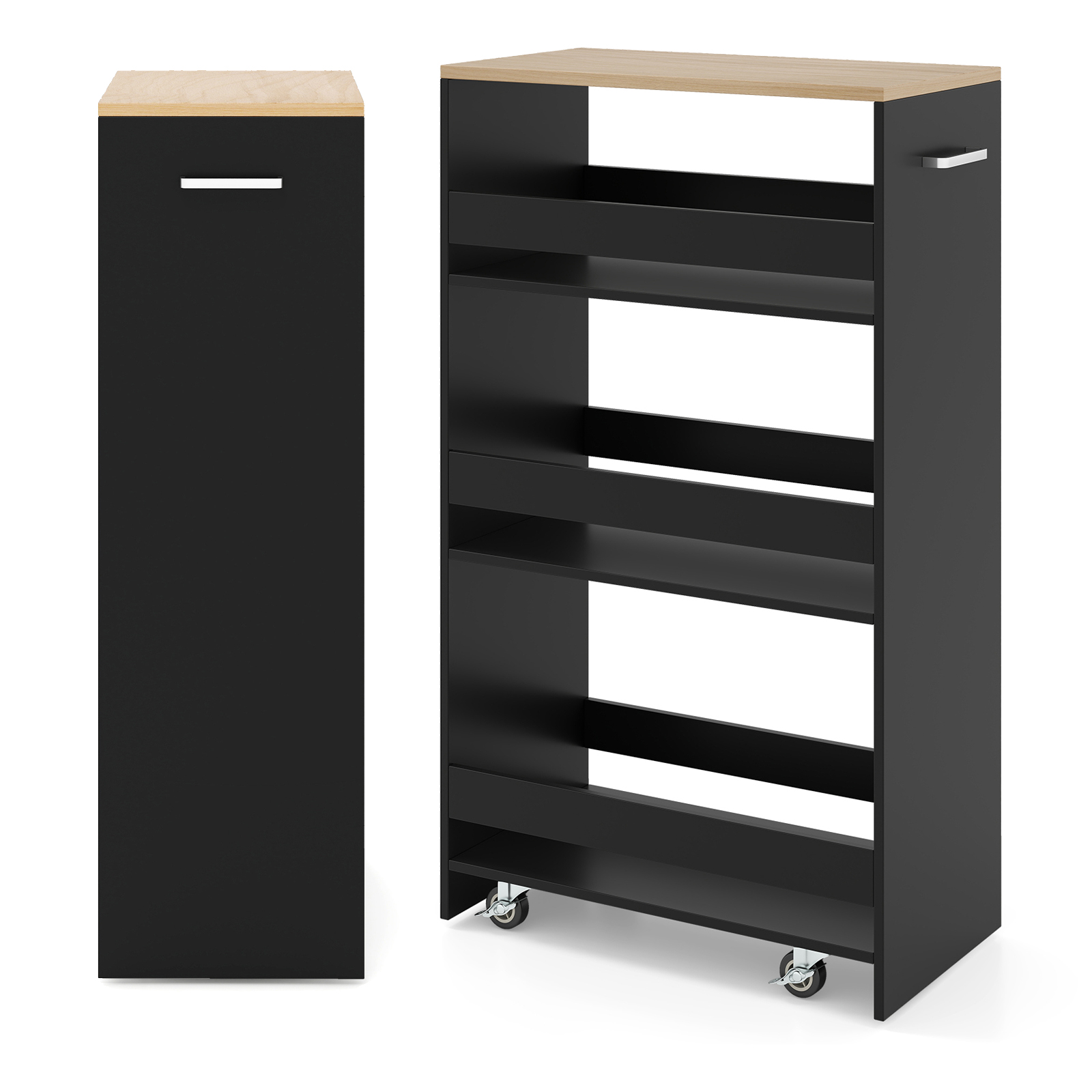 Costway Carro Auxiliar 4 Niveles con Ruedas Barandillas y Asa Ahorra Espacio para Cocina Baño 47,5 x 25 x 80 cm Negro y Natural