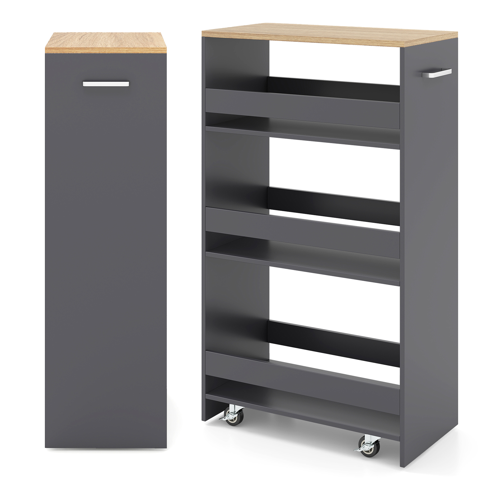 Costway Carro Auxiliar 4 Niveles con Ruedas Barandillas y Asa Ahorra Espacio para Cocina Baño 47,5 x 25 x 80 cm Gris y Natural