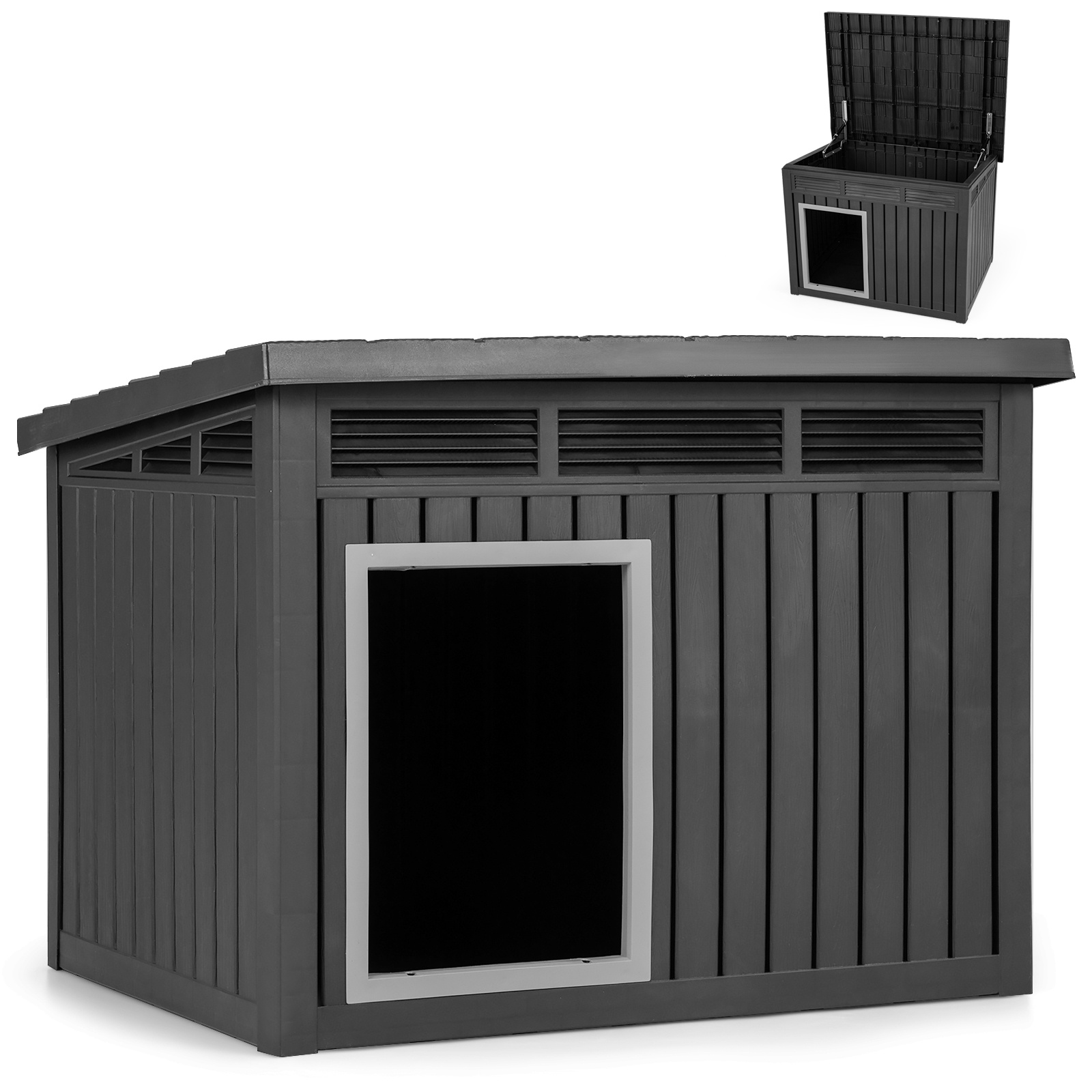 Caseta para Perros Exterior de Plástico con Puerta Techo Inclinado Abatible y Rejillas de Ventilación Mueble Perrera Negro Costway