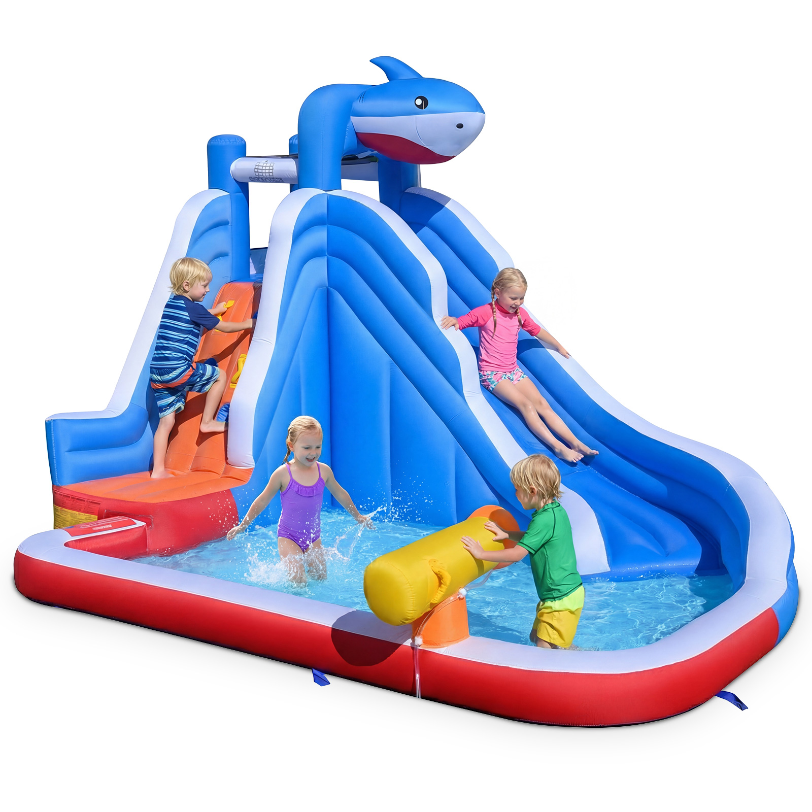 Castillo Hinchable Tiburón con Tobogán Piscina Cañón de Agua Rocódromo y Bolsa Transporte para Interior y Exterior Niños Costway