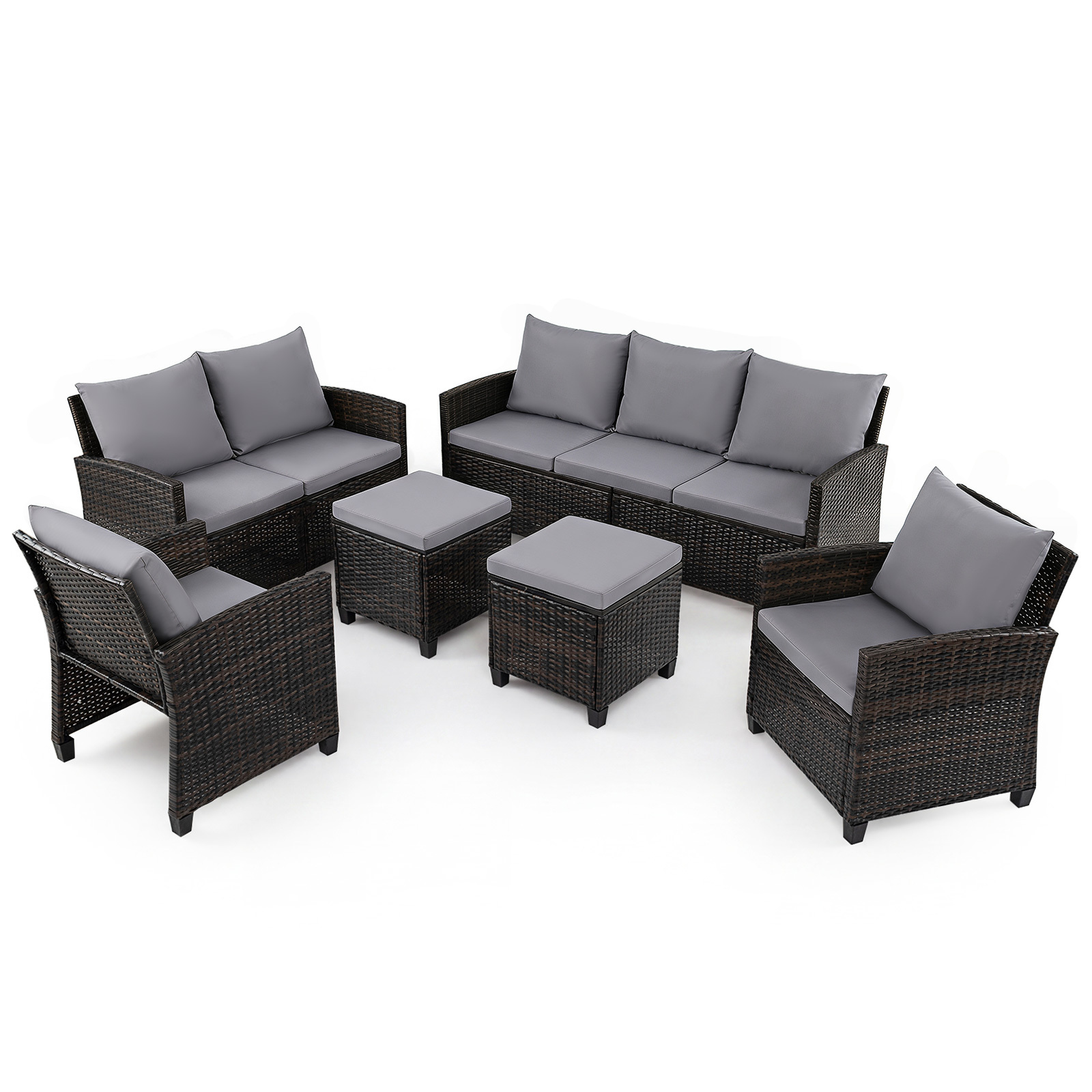 Conjunto Jardín Ratán 6 Piezas con 2 Sofás 2 Sillones 2 Reposapiés 16 Cojines Acolchados para Terraza Patio Piscina Gris Costway