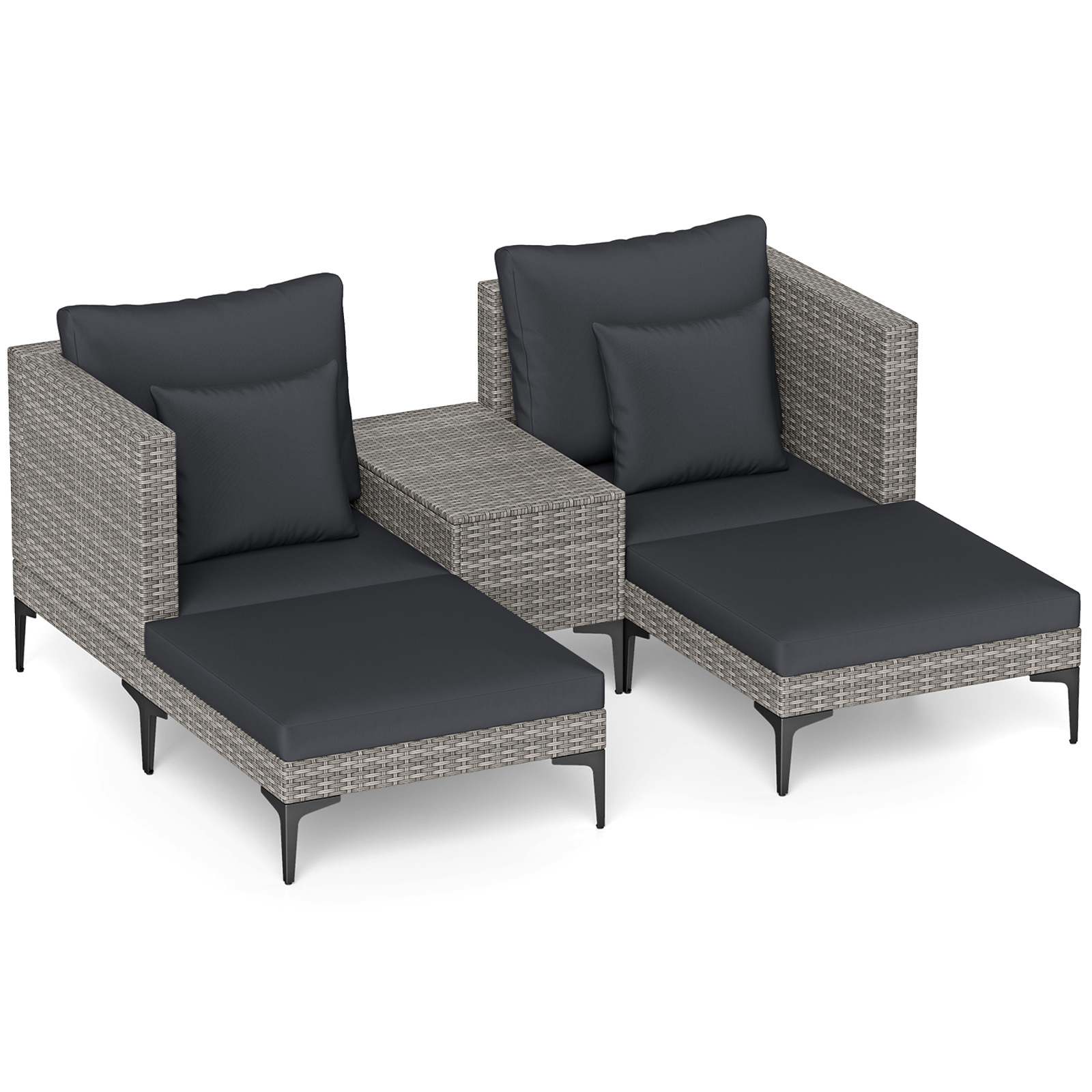 Conjunto Ratán Exterior 5 Piezas con Mesa Auxiliar 2 Sofás 2 Reposapiés Cojines Almohadas Suaves Modular para Patio Terraza Balcón Gris Costway
