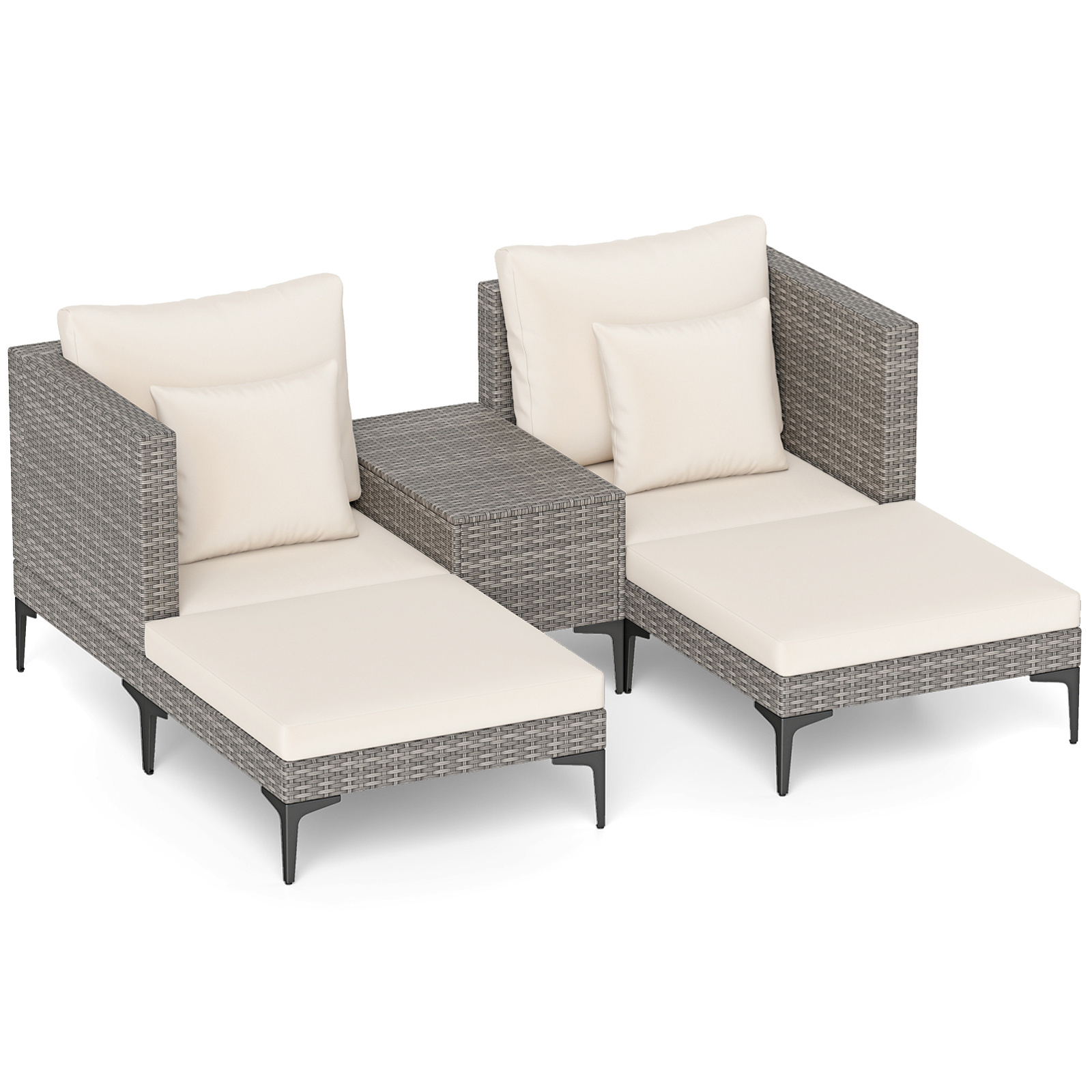 Conjunto Ratán Exterior 5 Piezas con Mesa Auxiliar 2 Sofás 2 Reposapiés Cojines Almohadas Suaves Modular para Patio Terraza Balcón Blanco Costway