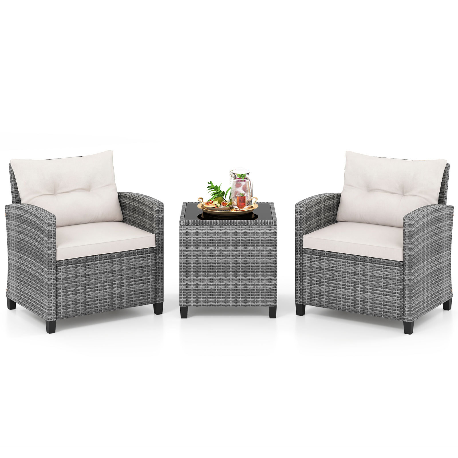 Conjunto de Bistró Exterior de 3 Piezas Sillas de Ratán y Mesa con Tablero de Cristal Templado para Patio con Cojines Beige Costway