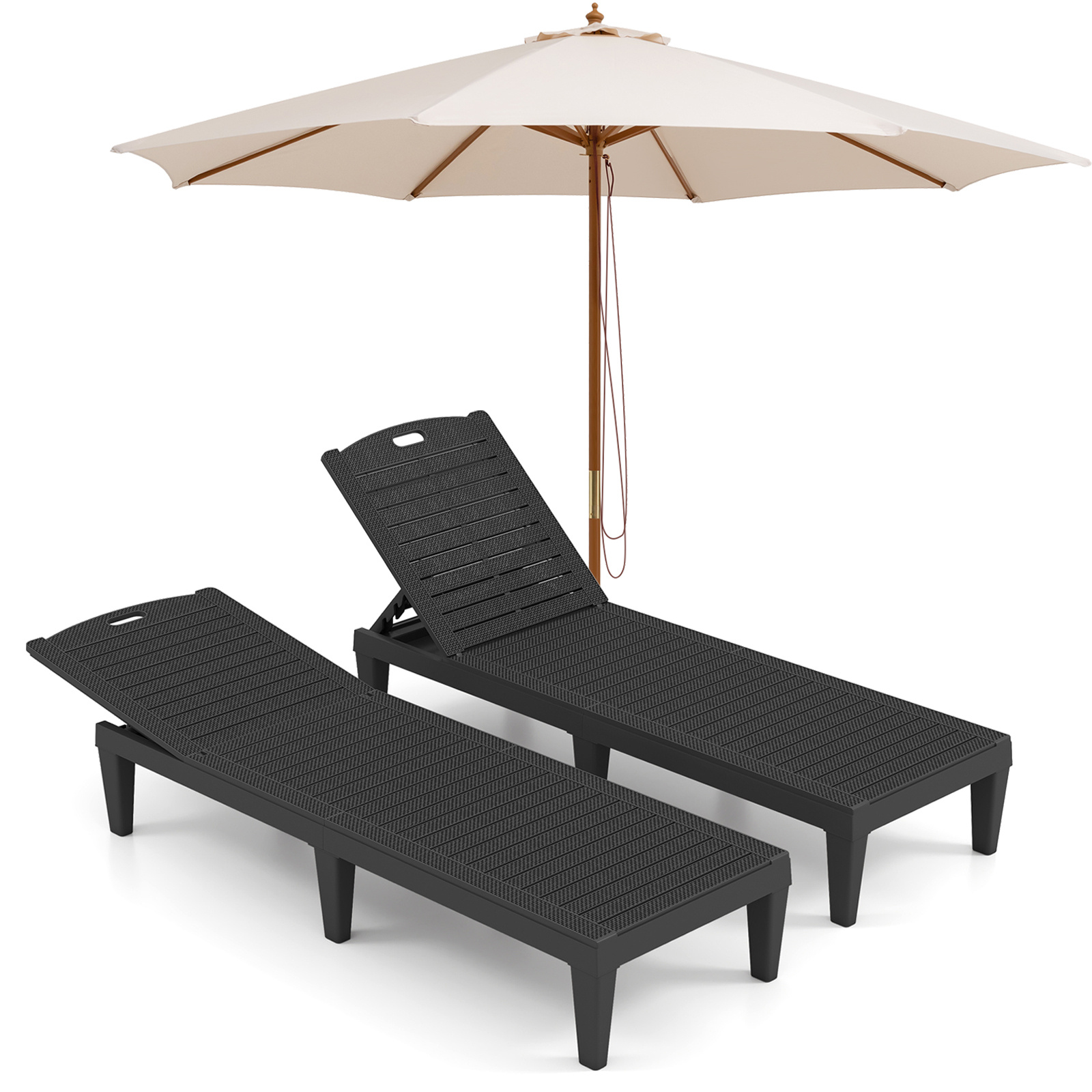Conjunto de Jardín 2 Tumbonas Negro Respaldo 4 Posiciones 160kg con Sombrilla de Madera 300cm 3 Alturas Polea Ventilada Costway