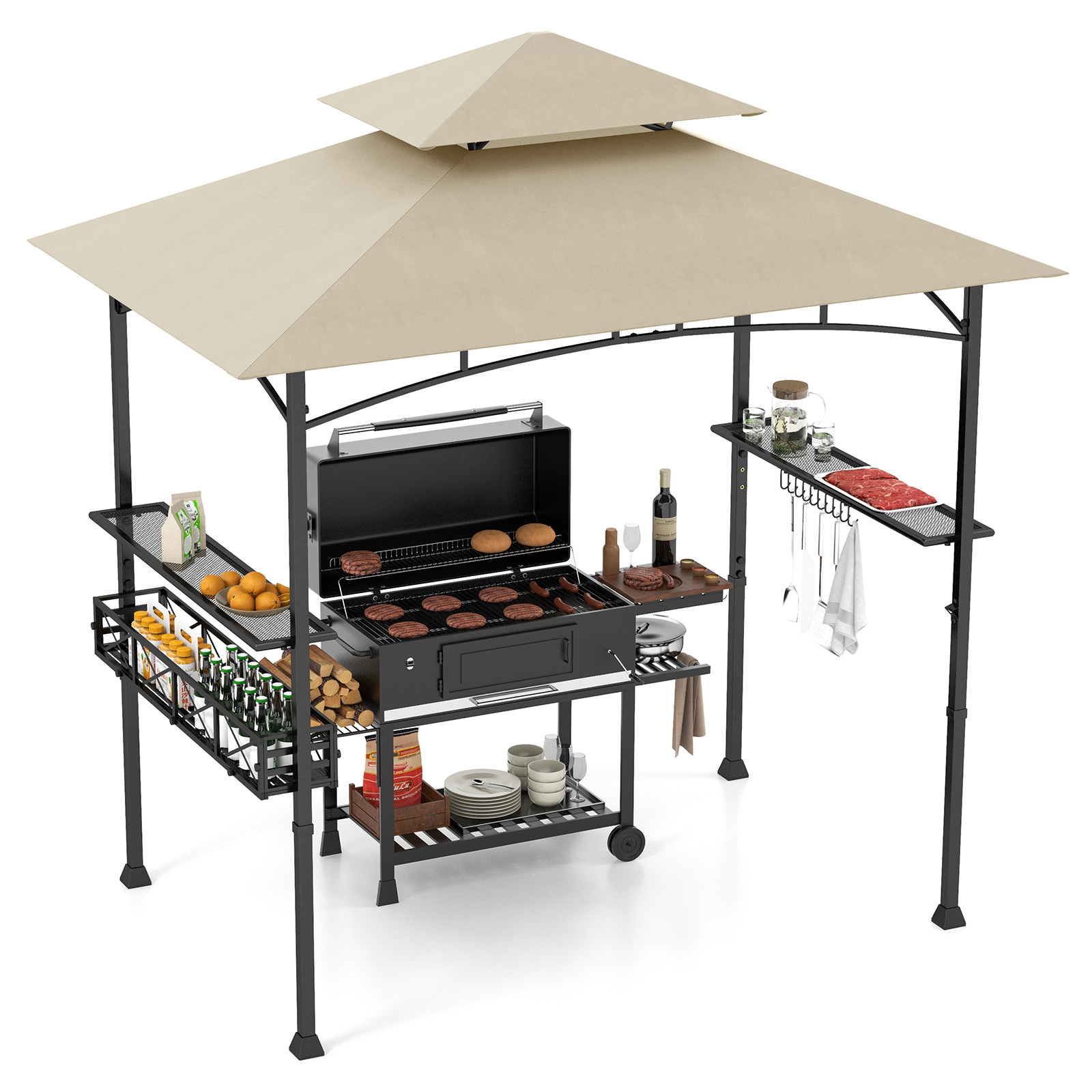 Gazebo 242 x 153 cm con 2 Estantes Laterales Cesta Ganchos Abridor de Botellas Estructura de Metal para Jardín Patio Beige Costway