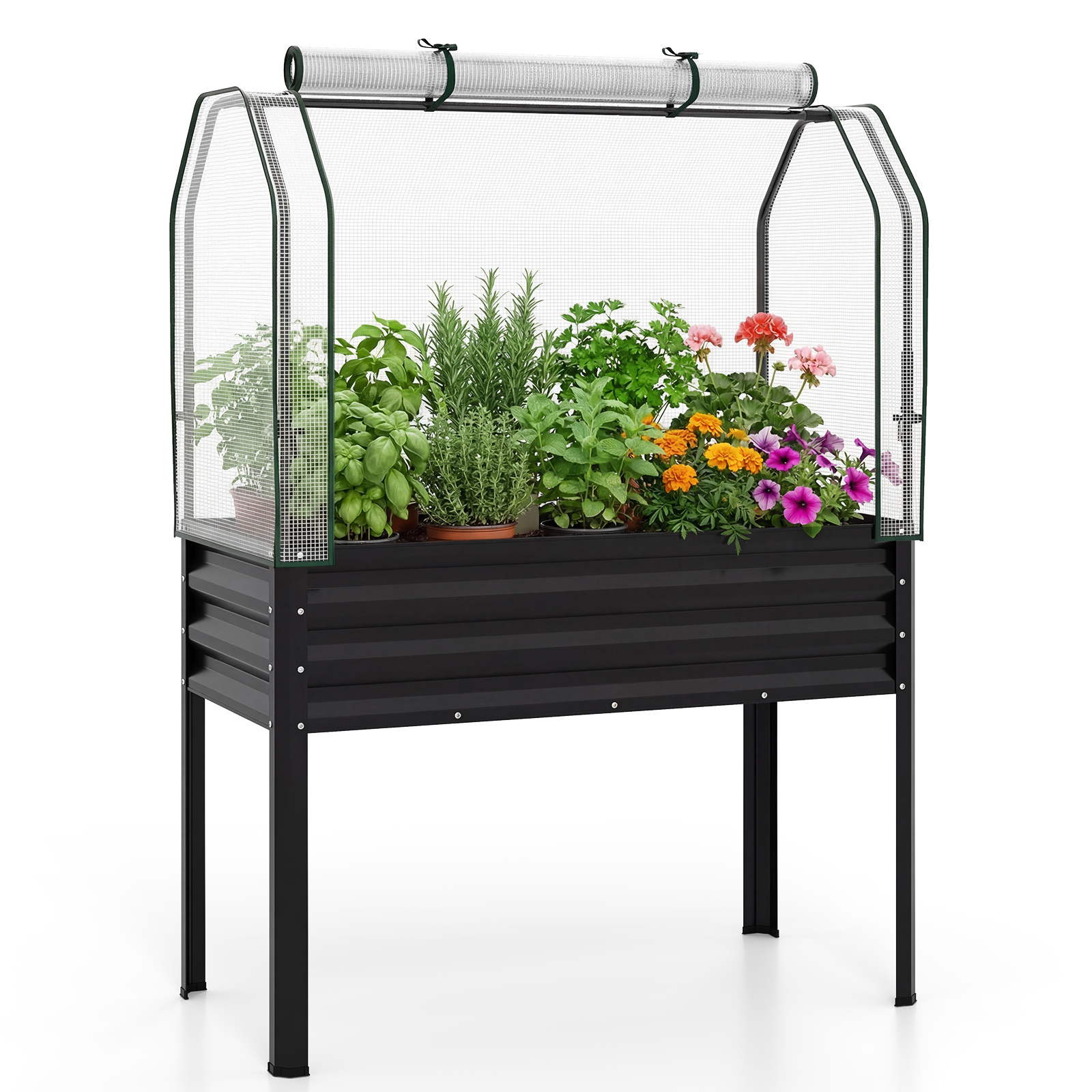 Jardinera Elevada con Invernadero Cama Jardín Metal Galvanizado con Cubierta Protección Puerta Enrollable para Patio Terraza Balcón Negro Costway