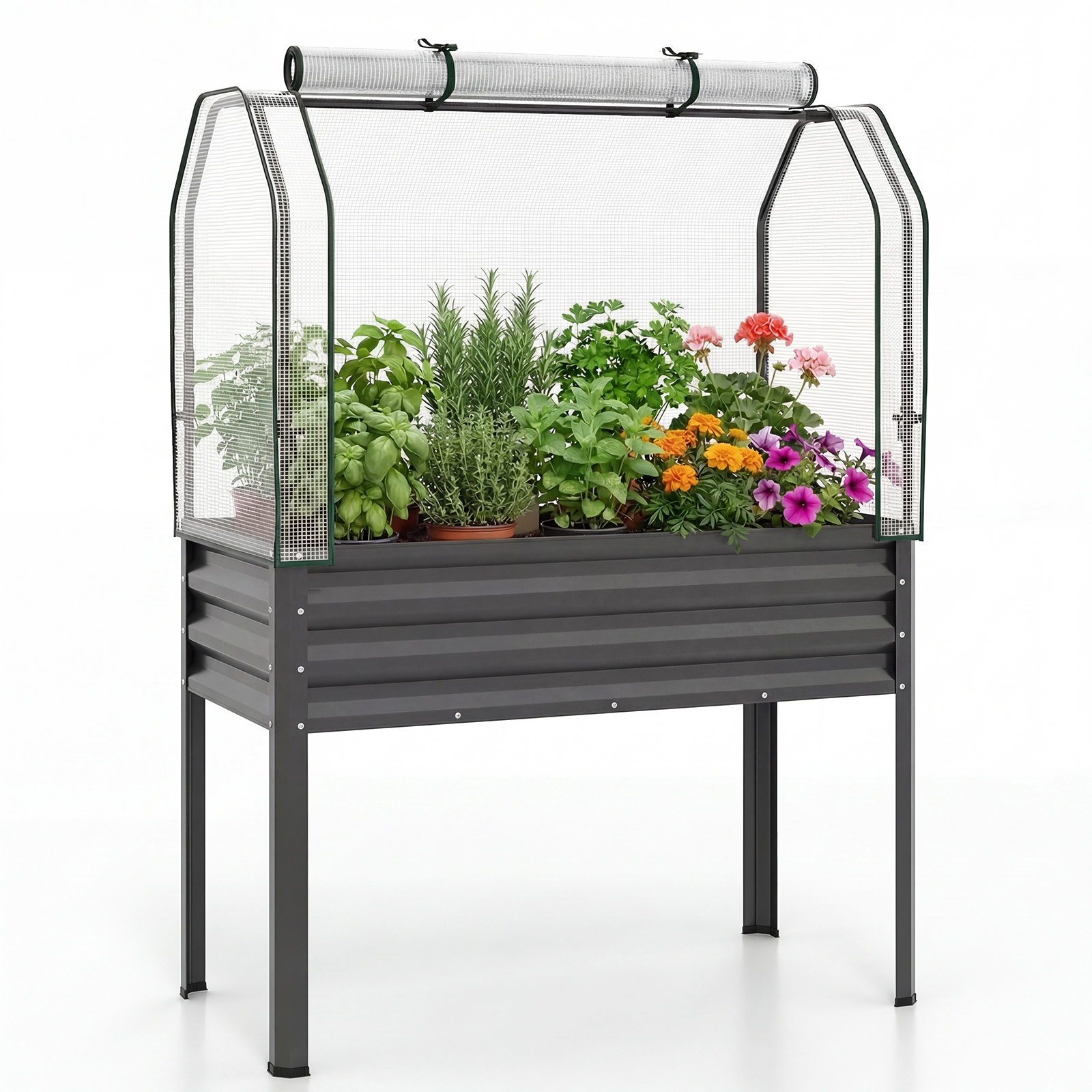 Jardinera Elevada con Invernadero Cama Jardín Metal Galvanizado con Cubierta Protección Puerta Enrollable para Patio Terraza Balcón Gris Costway