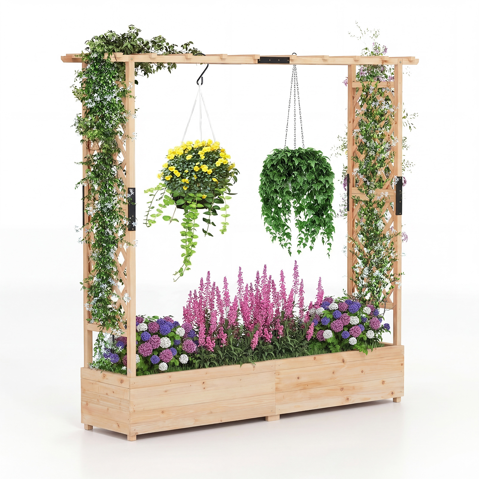 Jardinera Elevada de Madera de Abeto con Enrejado 2 Paneles Techo Plano 2 Macetas Drenaje para Jardín Terraza Patio Natural Costway