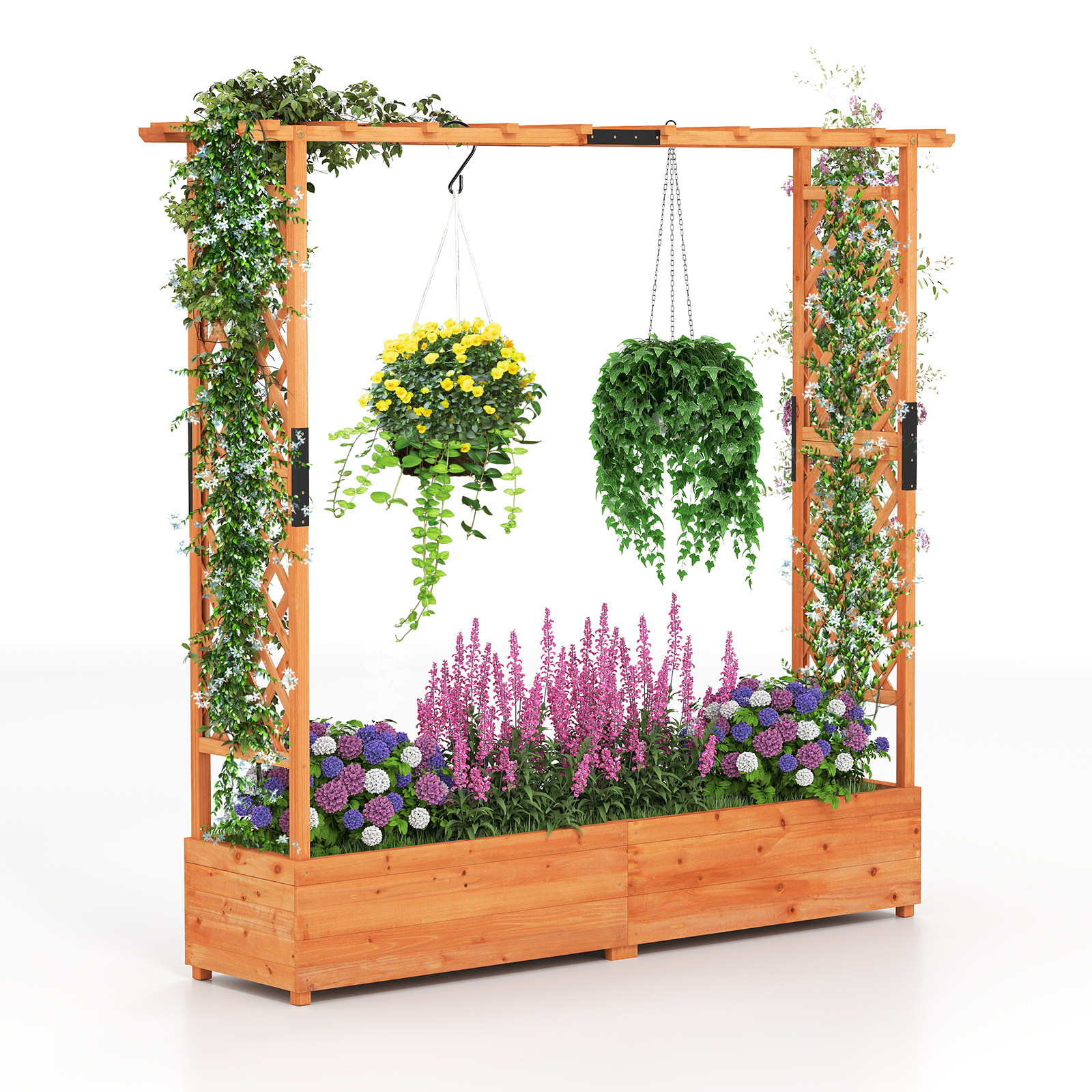 Jardinera Elevada de Madera de Abeto con Enrejado 2 Paneles Techo Plano 2 Macetas Drenaje para Jardín Terraza Patio Naranja Costway
