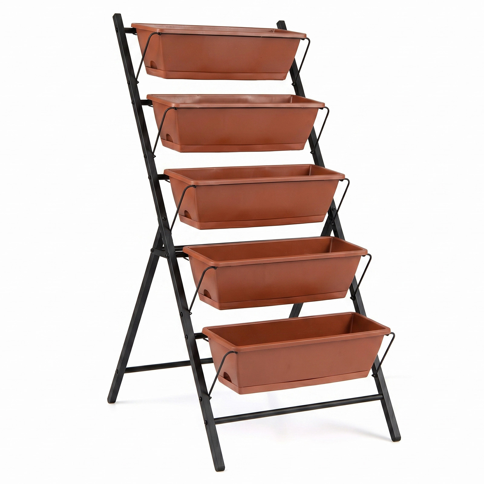 Costway Jardinera Vertical 5 Niveles con Marco de Metal Bandejas Extraíbles Orificios Drenaje para Interior Exterior 57x71x115cm Marrón