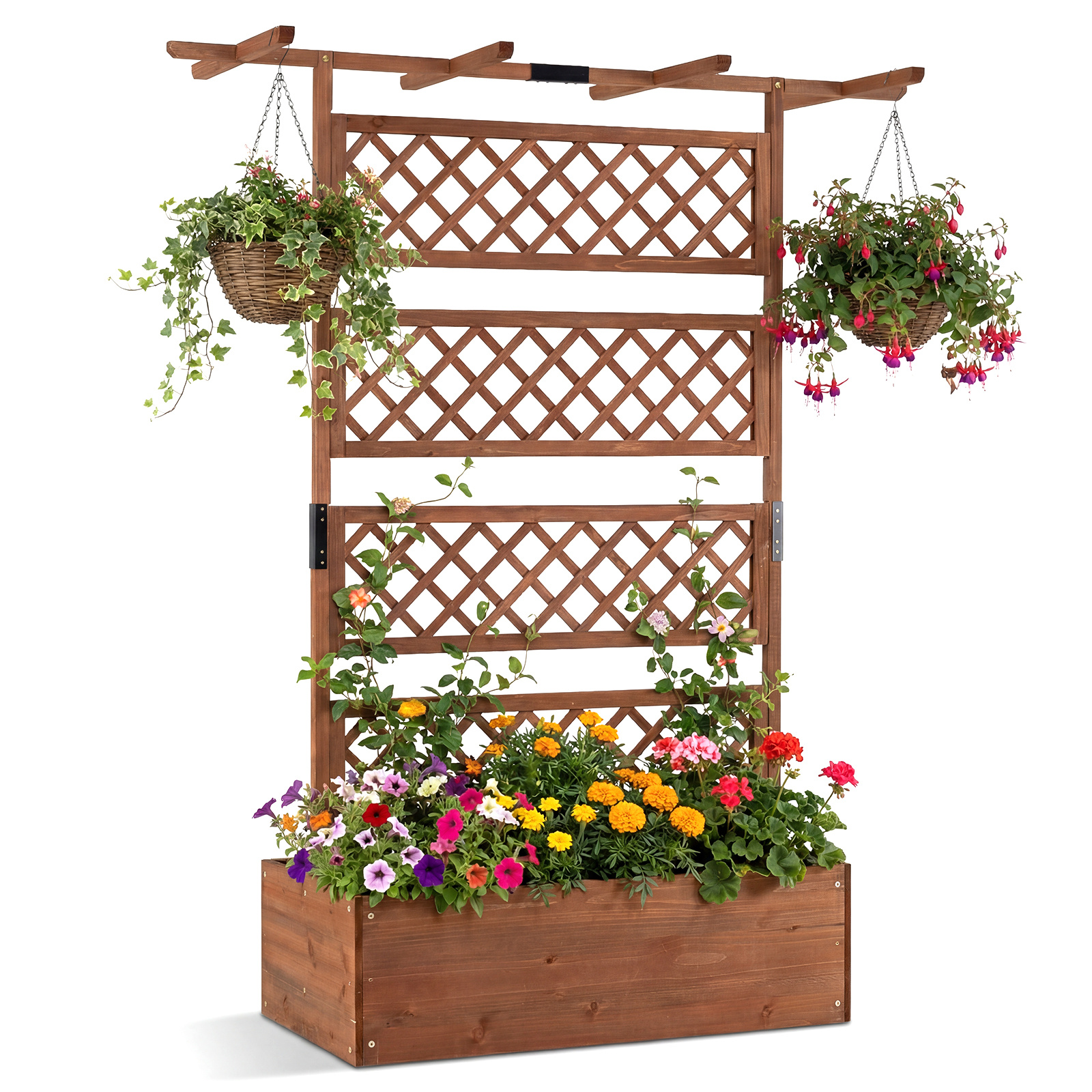 Jardinera con Enrejado 183cm Huerto Vertical Techo Plano Drenaje Soporte Plantas Trepadoras Hortalizas Flores Patio Jardín Café Costway