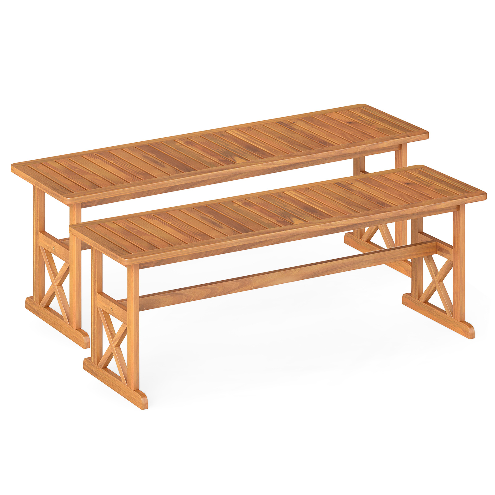 Costway Juego de 2 Bancos de Madera de Acacia para Exterior sin Respaldo Asiento Listones para 2-3 Personas Comedor Porche Jardín Balcón Patio