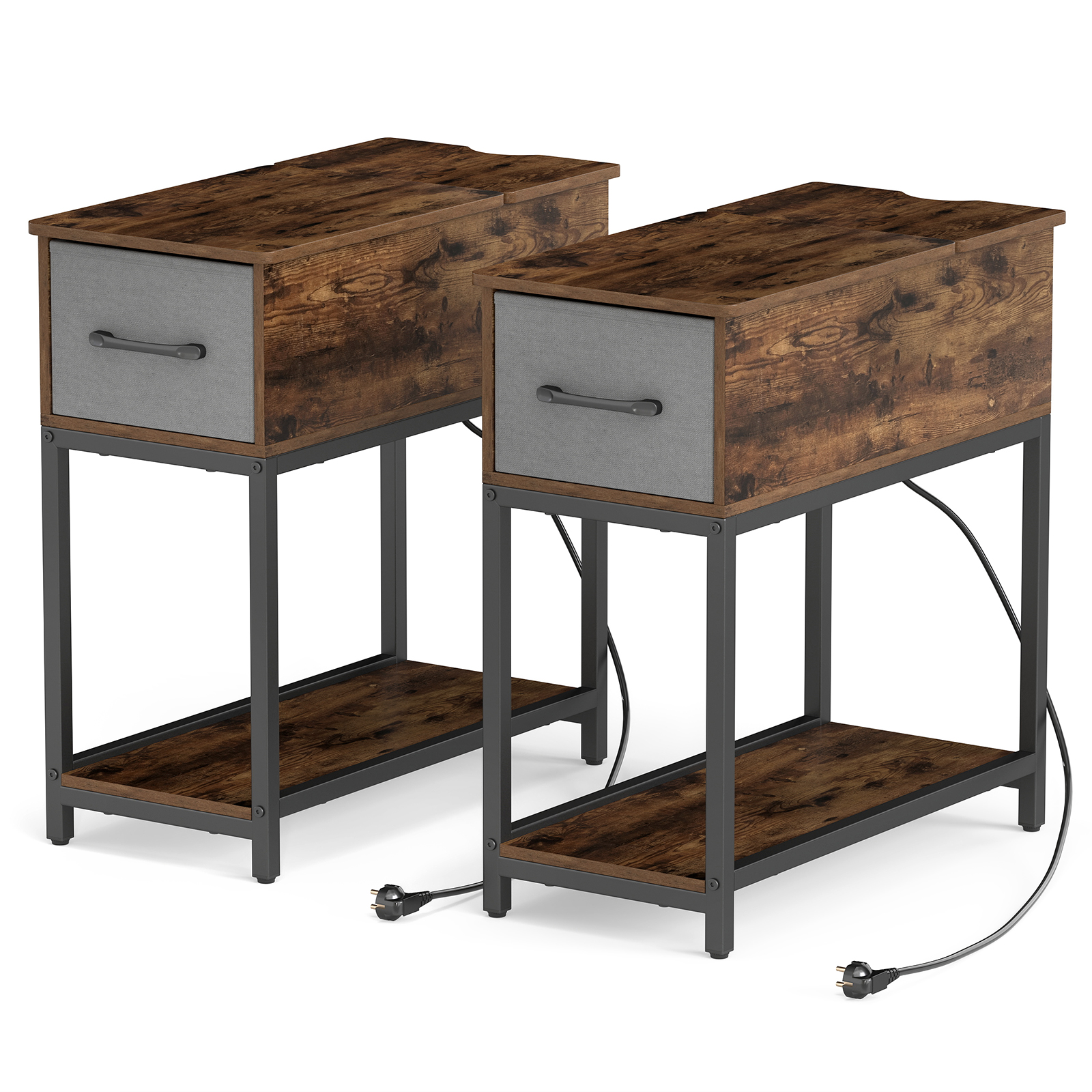 Costway Juego de 2 Mesa Auxiliar Estrecha con Estación de Carga Luces USB Cajón y Estante Industrial 60 x 29 x 62cm Marrón Rústico y Gris