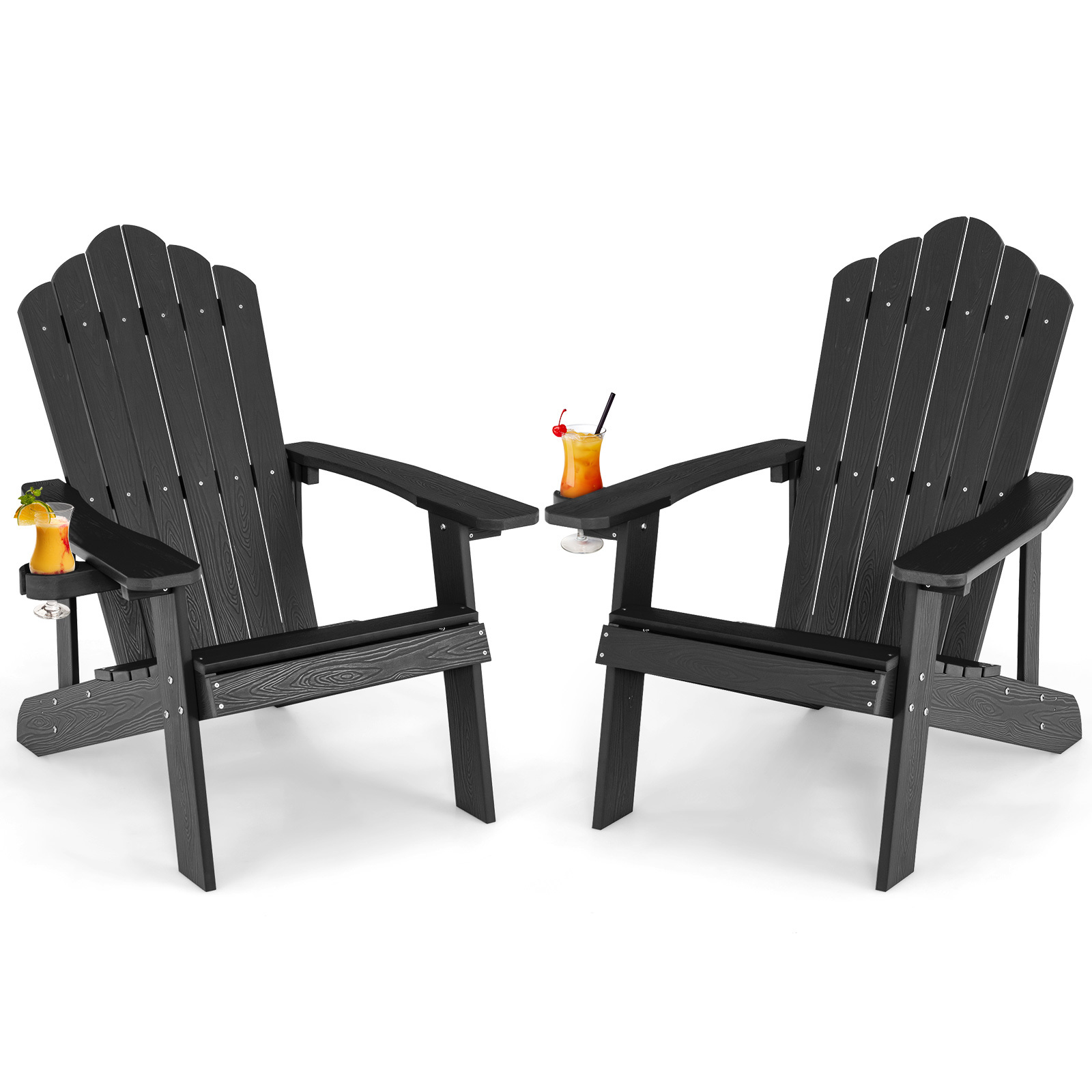 Juego de 2 Sillas HIPS con Portavasos Grano Madera Realista Resistente Intemperie para Patio Jardín Terraza Chimenea Carga 170kg Negro Costway