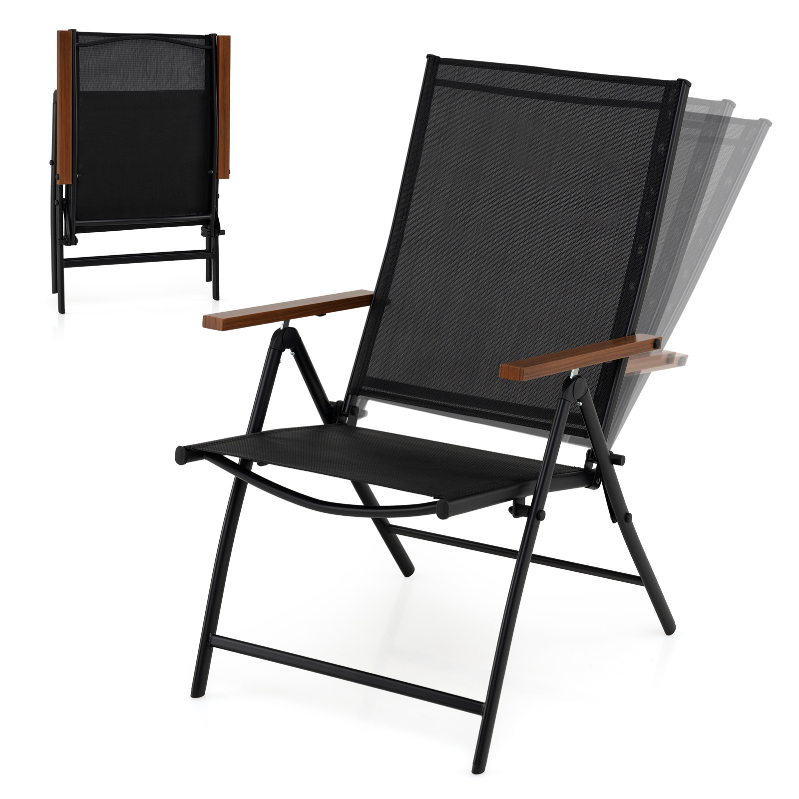 Juego de 2 Sillas Plegables para Exterior Ligera con Respaldo Reclinable Marco Metal para Picnic Playa Sin Montaje Carga 150kg Negro Costway