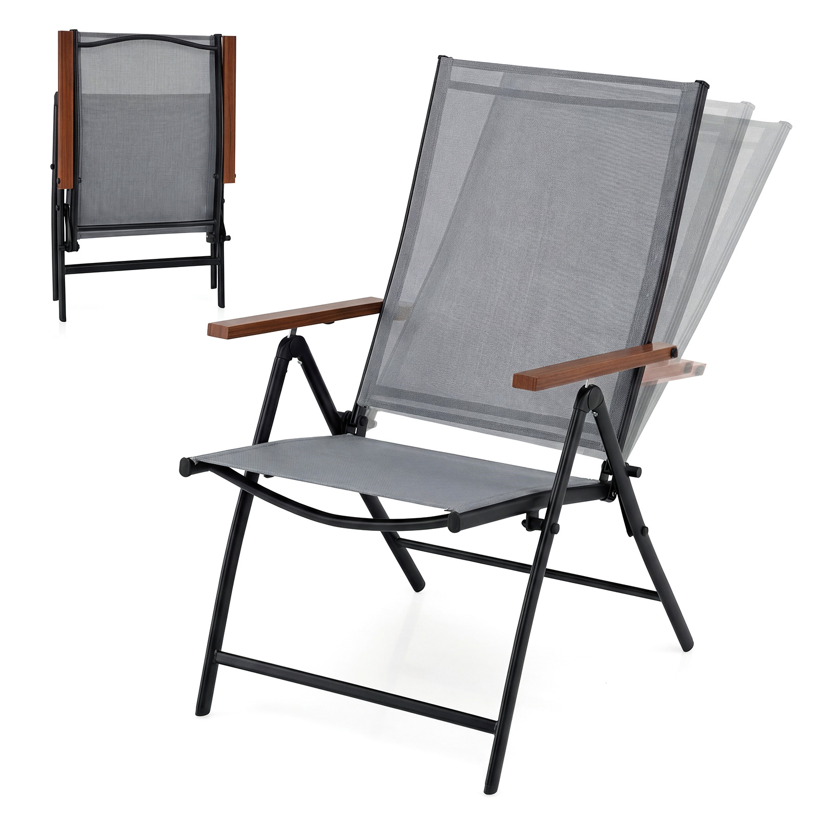 Juego de 2 Sillas Plegables para Exterior Ligera con Respaldo Reclinable Marco Metal para Picnic Playa Sin Montaje Carga 150kg Gris Costway