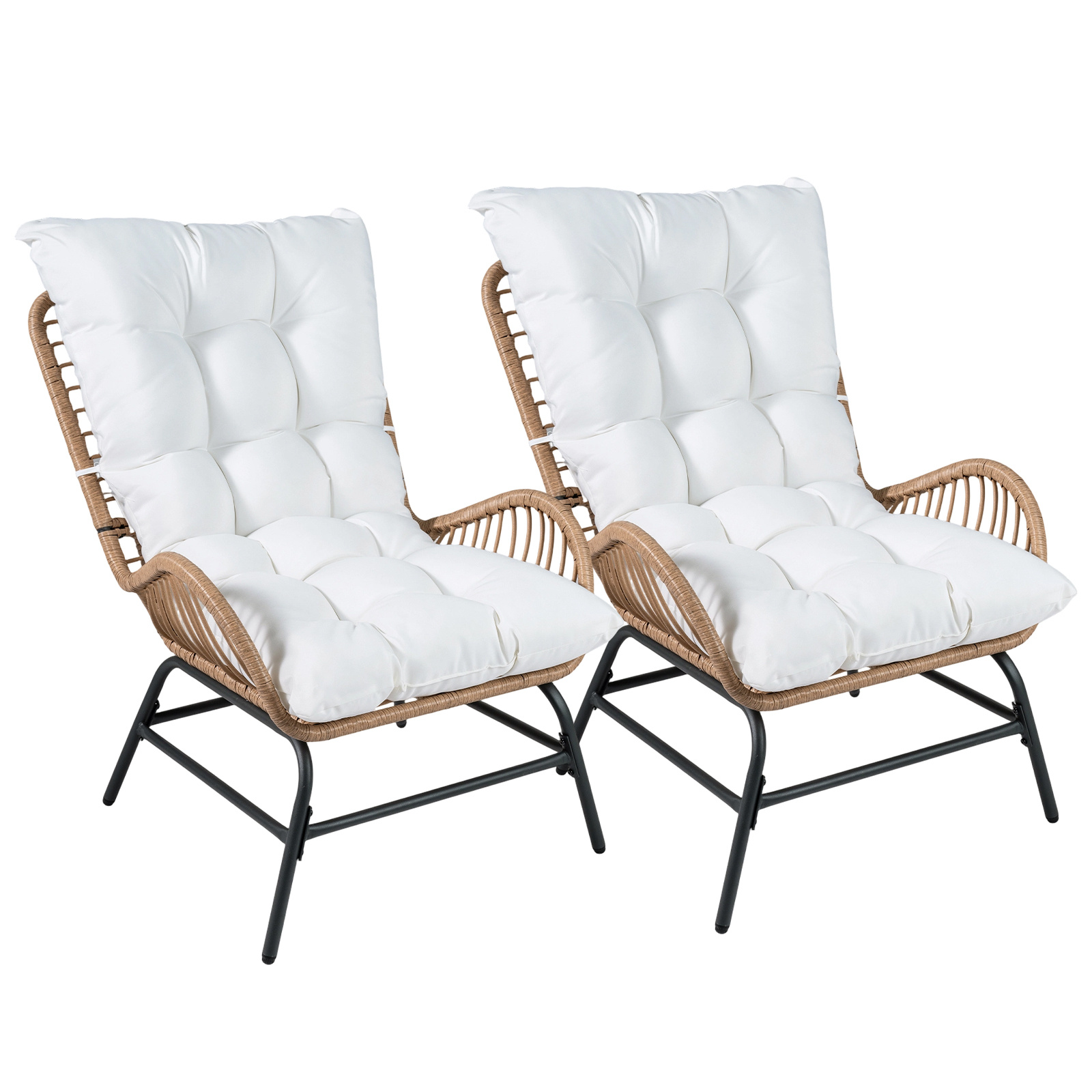 Juego de 2 Sillas Ratán para Exterior con Cojín Grueso Desmontable Respaldo Alto Reposabrazos de Metal para Terraza Carga 170kg Blanco Costway