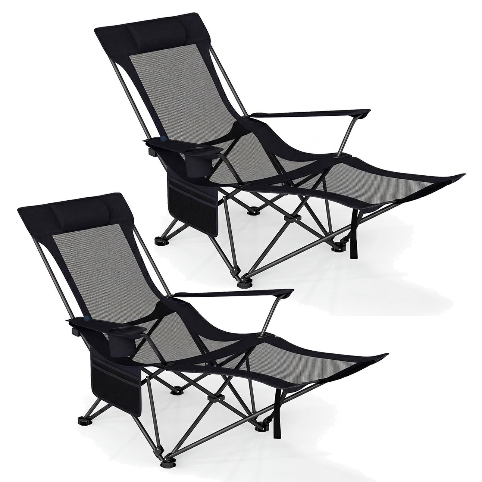 Juego de 2 Sillas de Camping Reclinables con Reposapiés Extraíble Malla Plegable Respaldo Ajustable Reposacabezas para Adultos Negro Costway